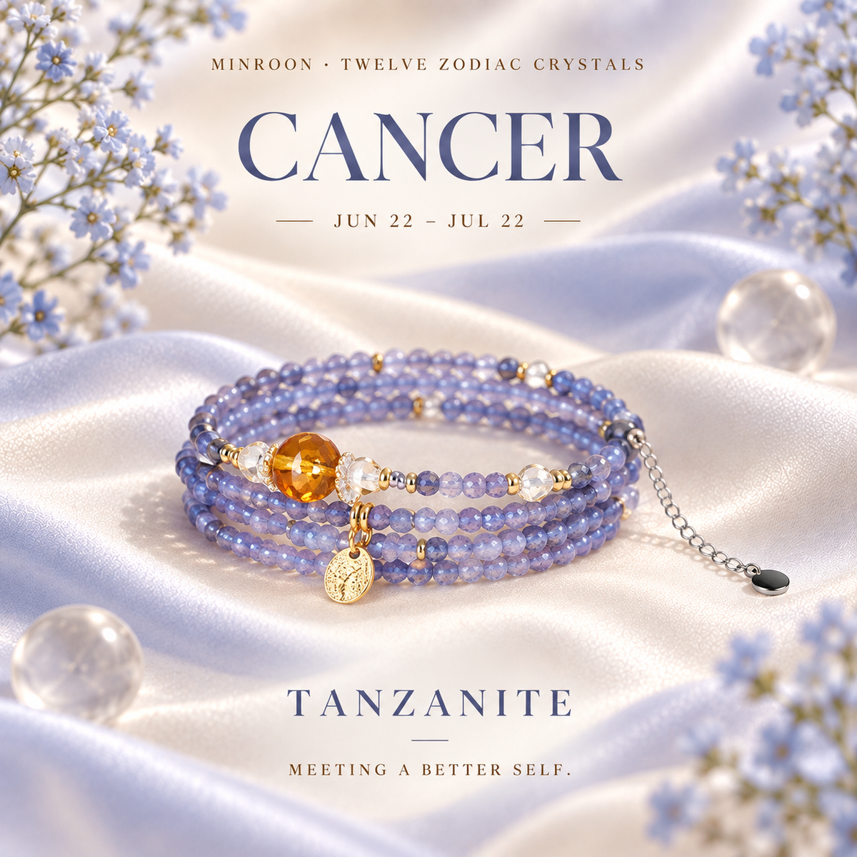 Cancer Tanzanite zodiac wrap bracelet on a warm ivory and periwinkle gallery background