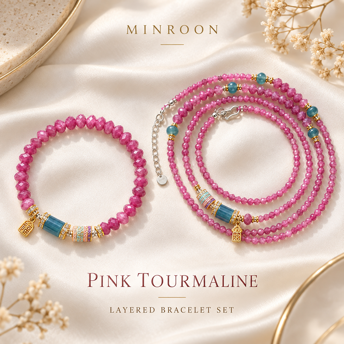 Pink Tourmaline Layered Bracelet Set hero with single and multi-wrap styles