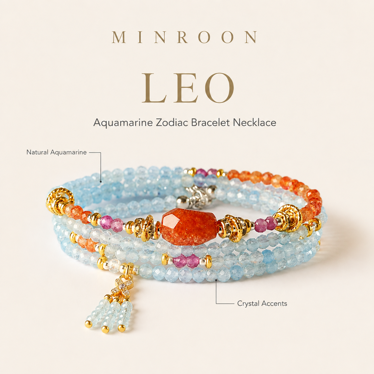 Leo Aquamarine Zodiac Bracelet Necklace by MINROON