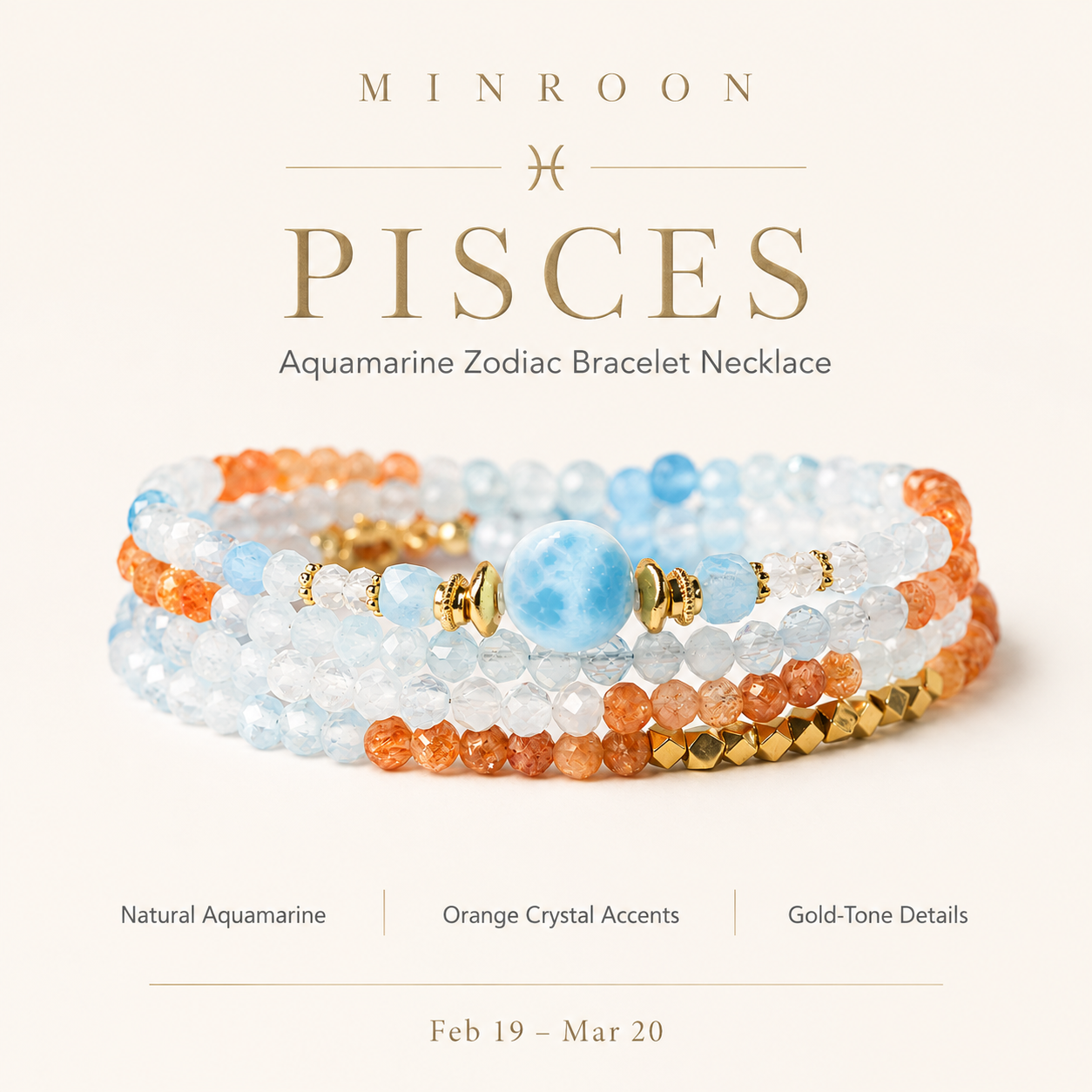 Pisces Aquamarine Zodiac Bracelet Necklace by MINROON