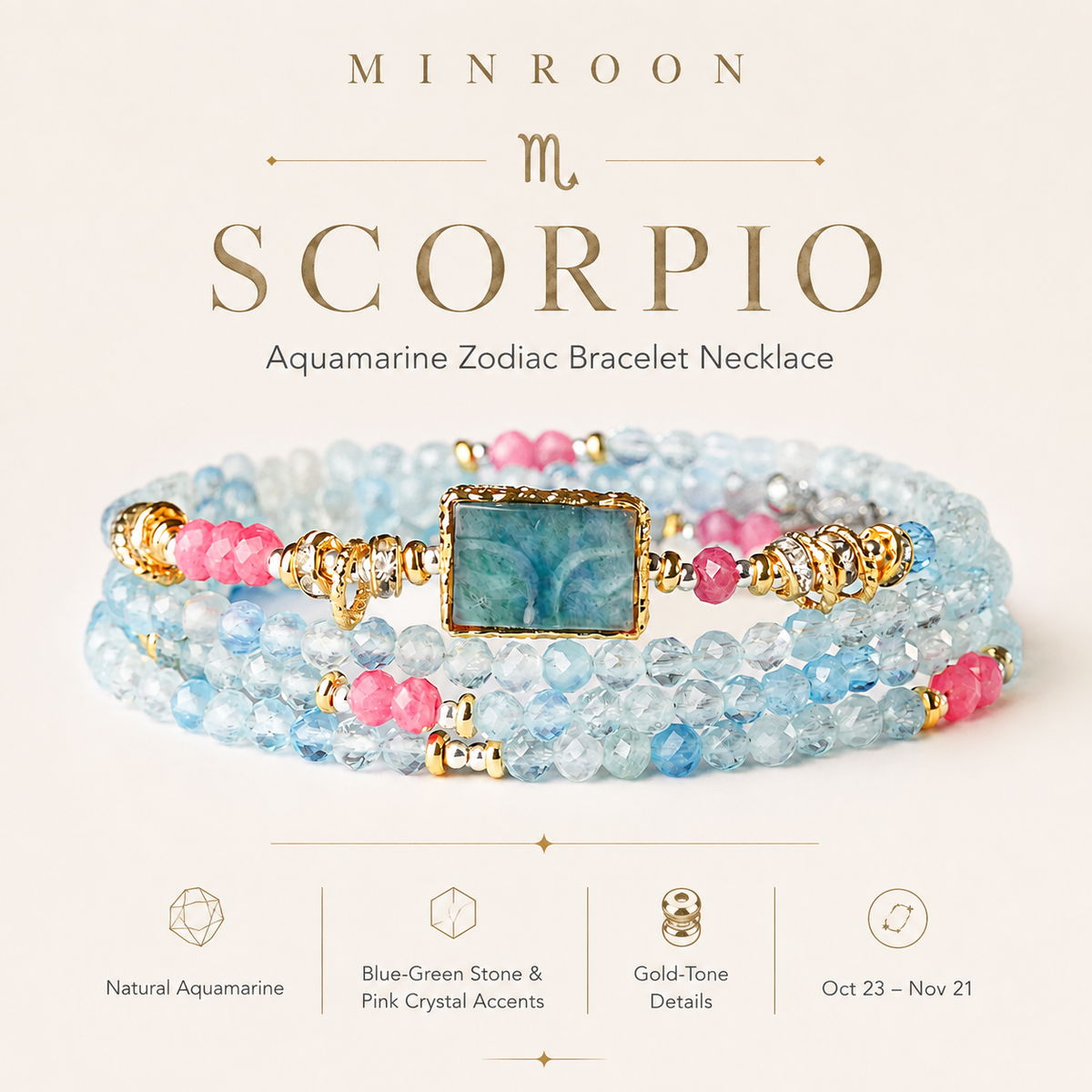 Scorpio Aquamarine Zodiac Bracelet Necklace by MINROON