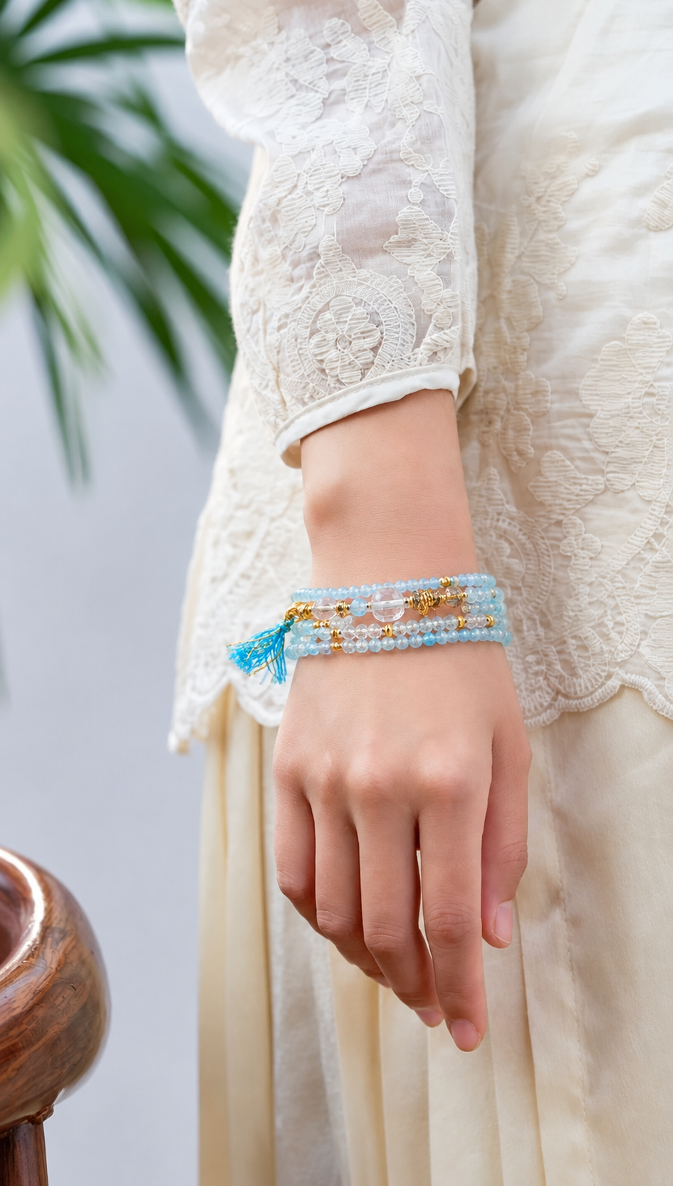 Aries aquamarine zodiac bracelet worn on a model wrist