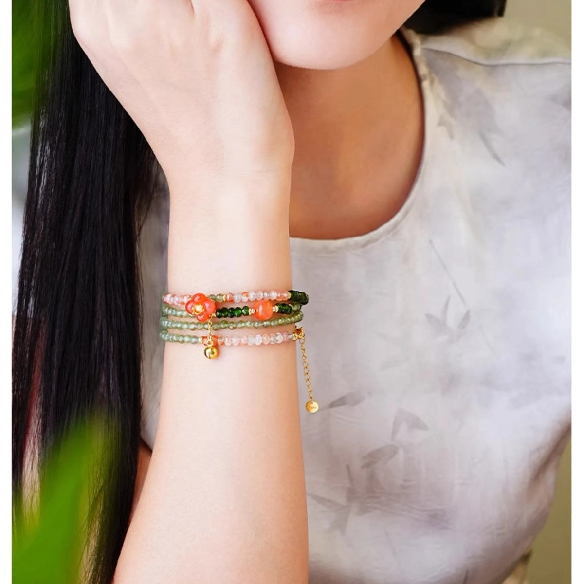 Model wearing the Gemini Green Apatite multi-wrap bracelet