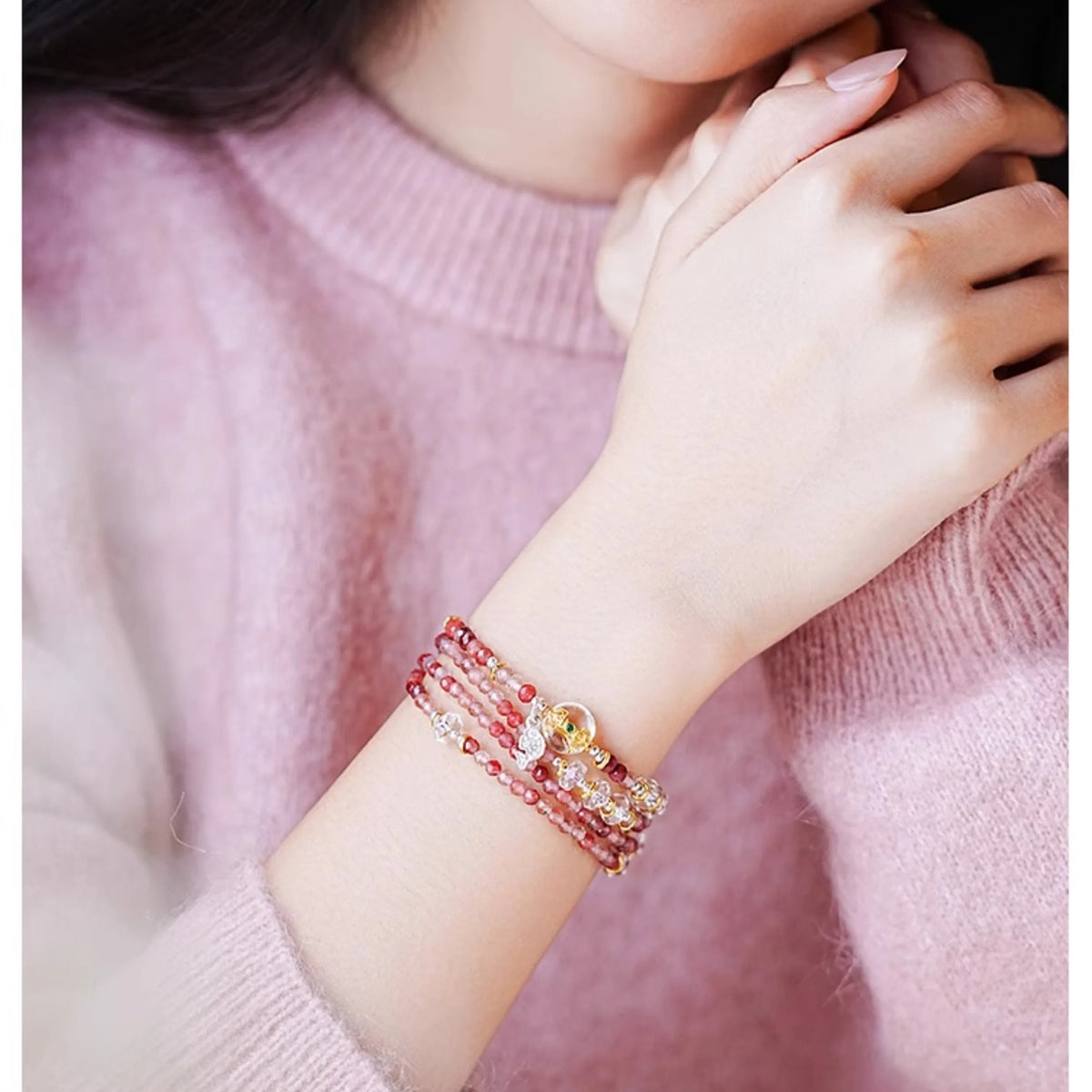 Model wearing the Leo Anderson Stone multi-wrap bracelet