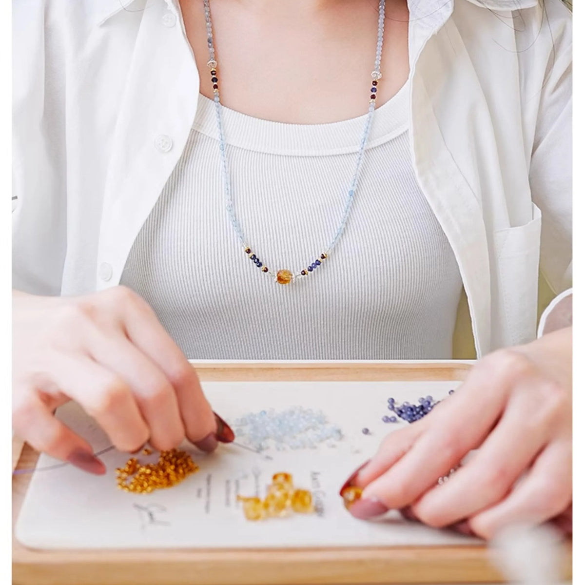 Pisces Aquamarine jewelry styled as a long necklace