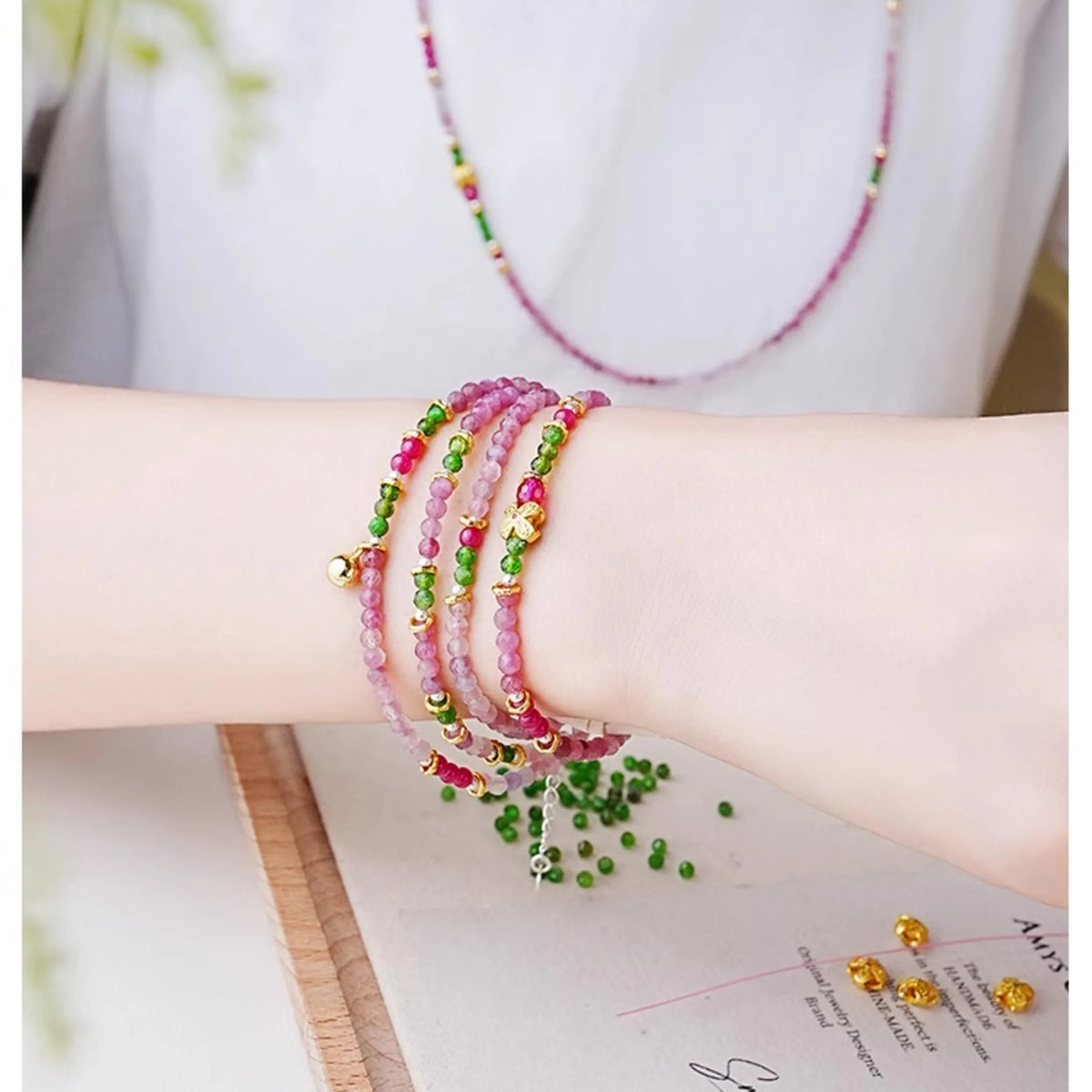 Virgo Pink Tourmaline Zodiac Wrap Bracelet worn on the wrist