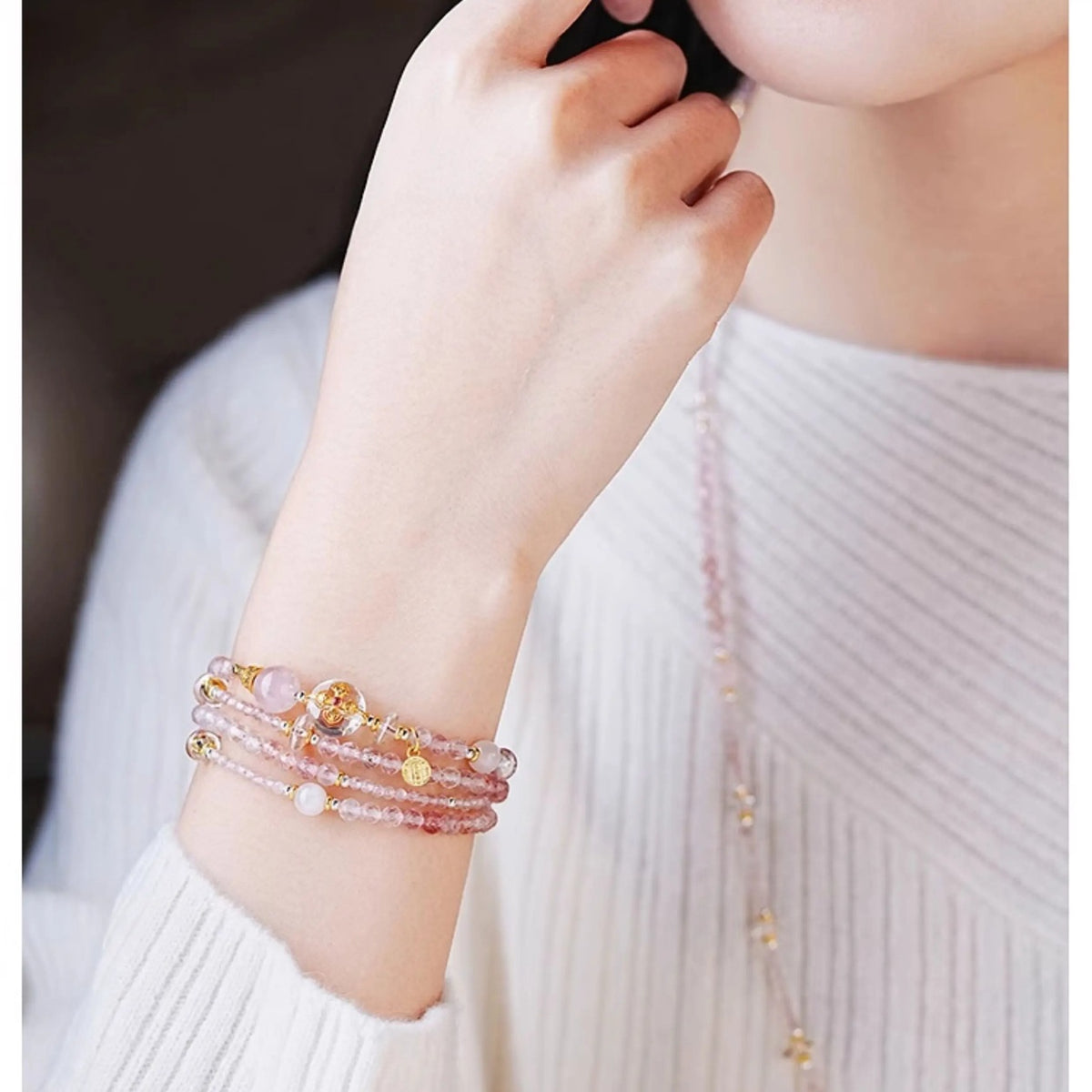 Libra Strawberry Quartz Zodiac Wrap Bracelet worn on the wrist