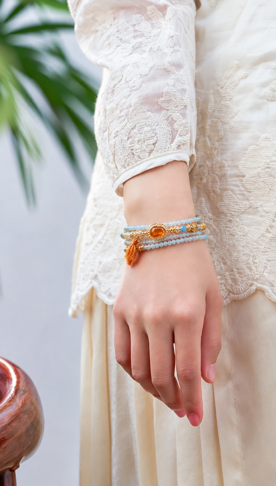 Taurus aquamarine zodiac bracelet worn on a model wrist