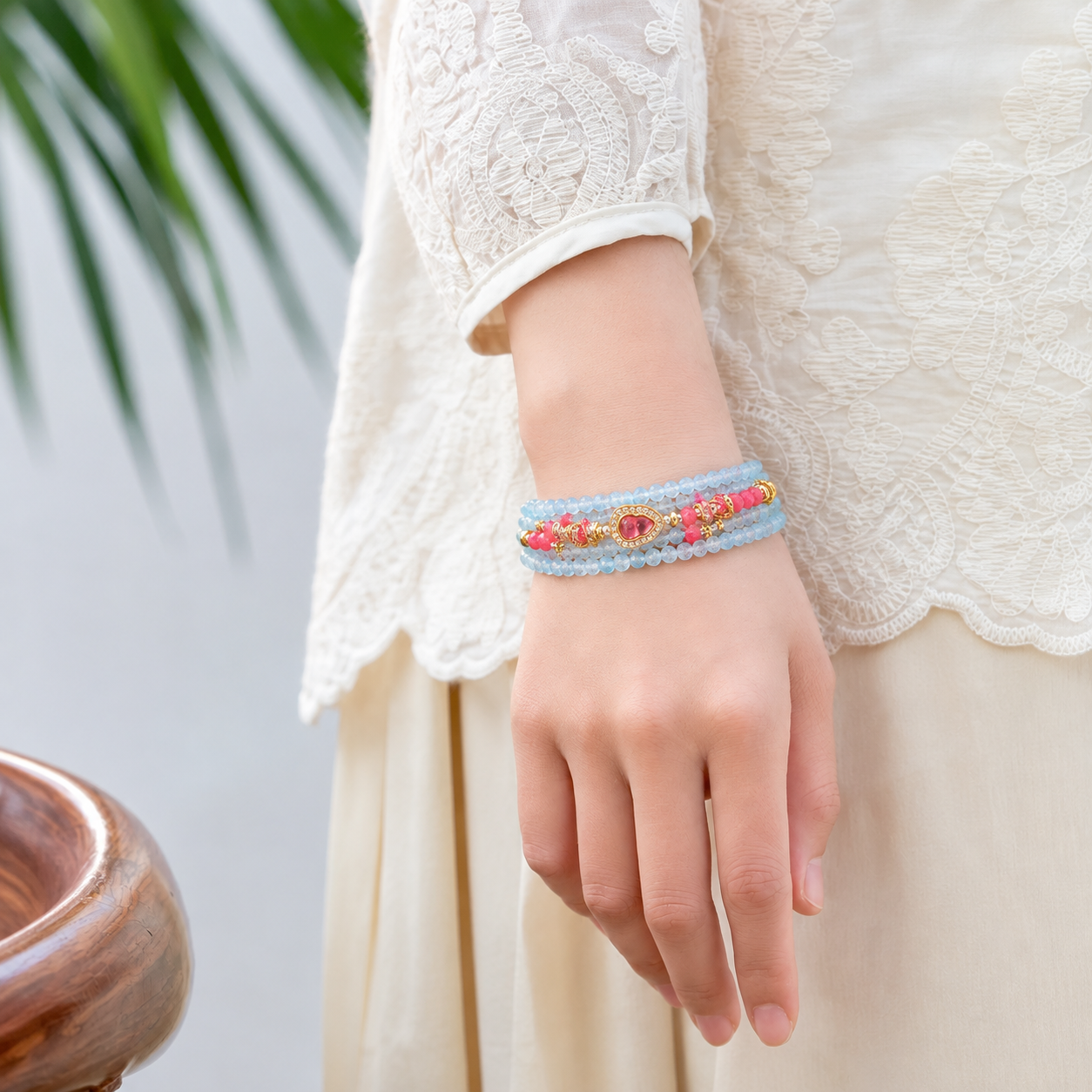 Virgo aquamarine zodiac bracelet worn on a model wrist