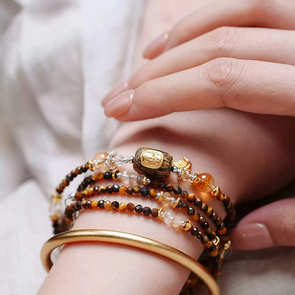 Close-up of the Annual Rings tiger's eye wrap bracelet