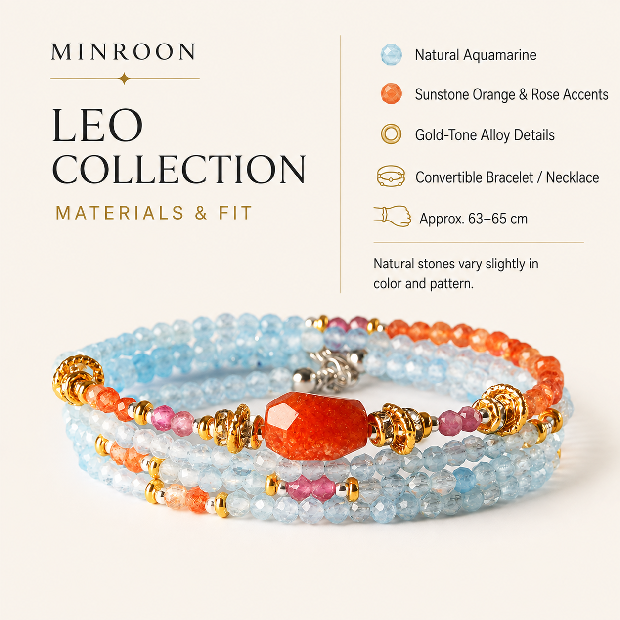Leo aquamarine bracelet materials and fit guide