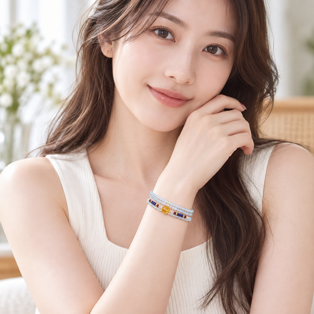 Model wearing the Pisces Aquamarine multi-wrap bracelet