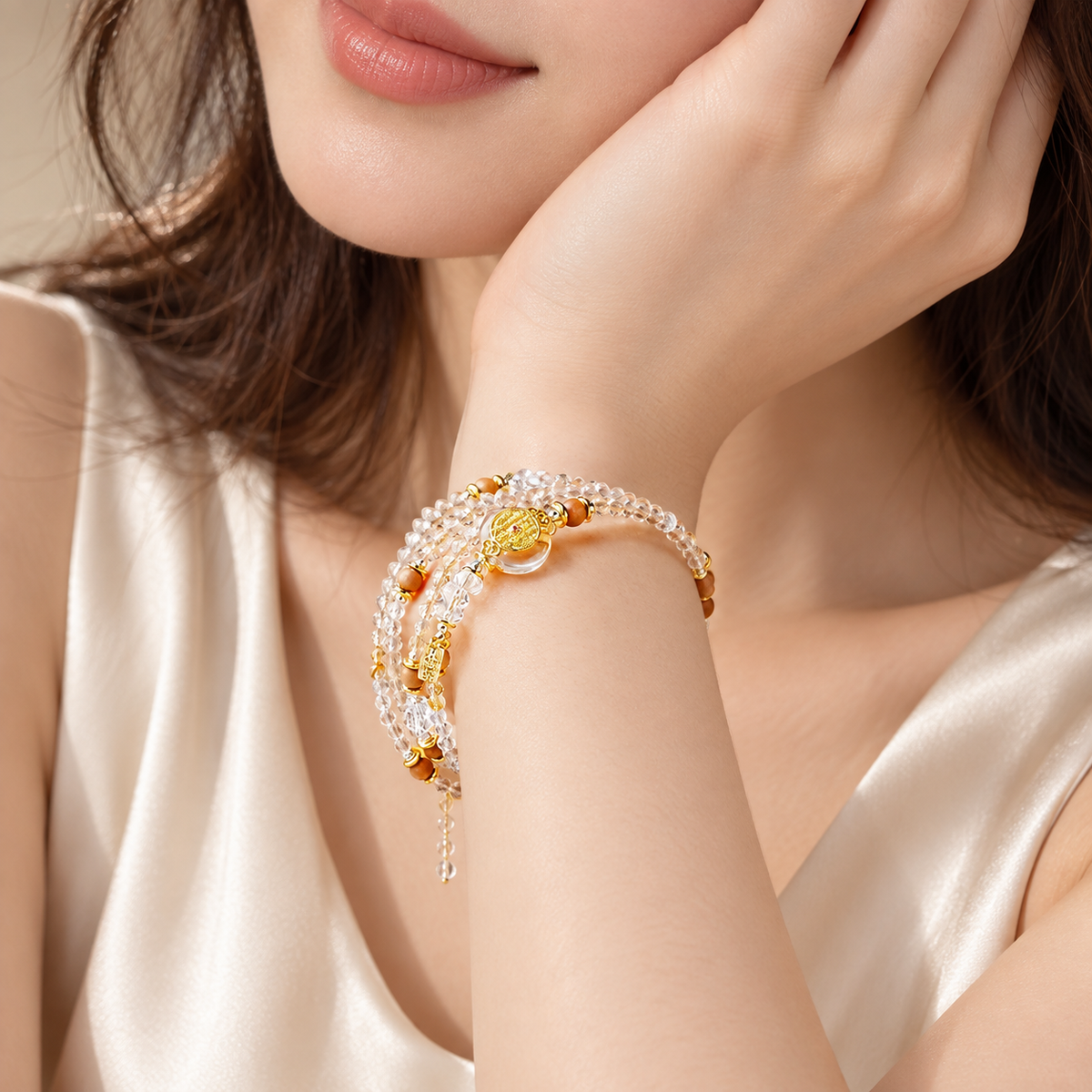 Close model detail wearing the Taurus crystal wrap bracelet