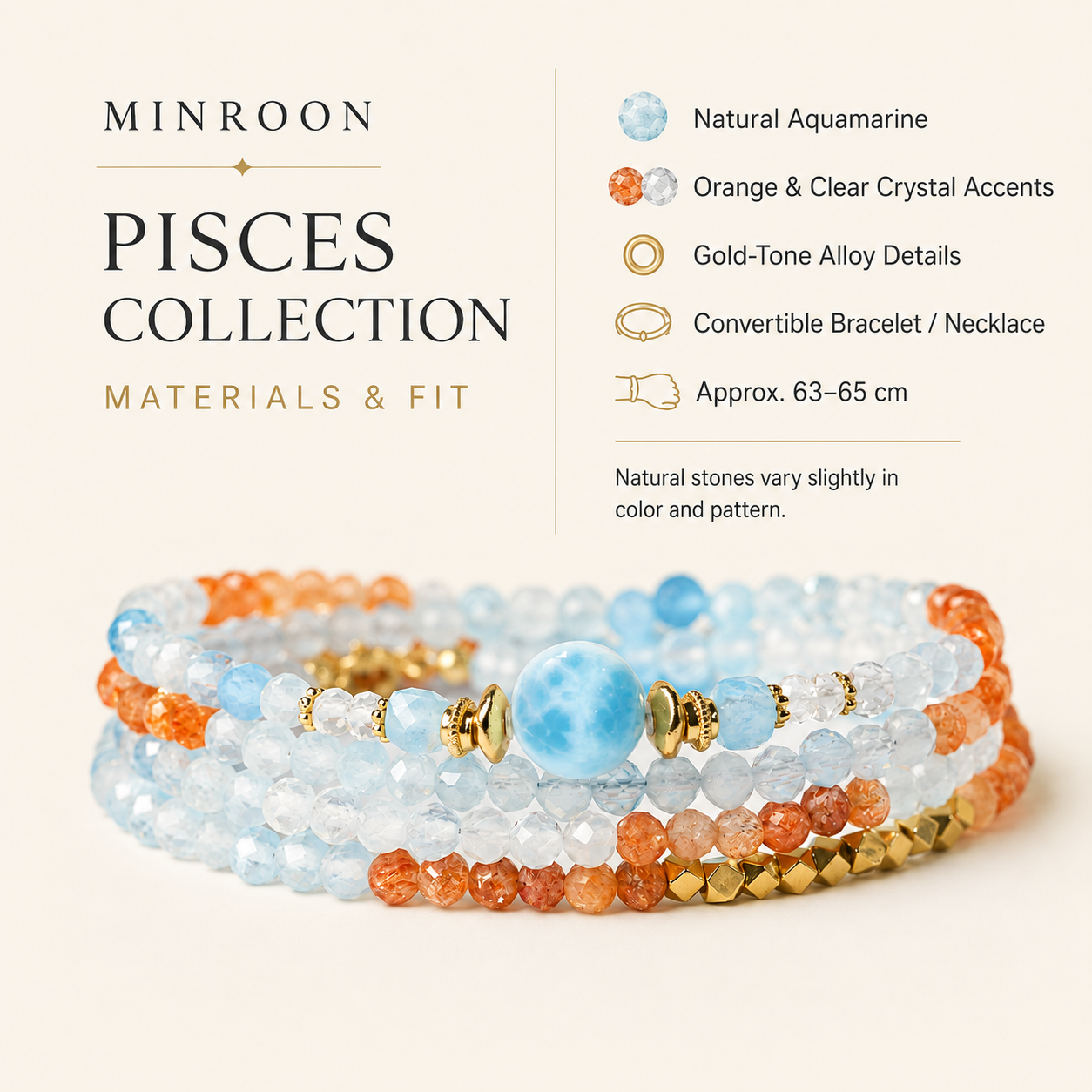 Pisces aquamarine bracelet materials and fit guide