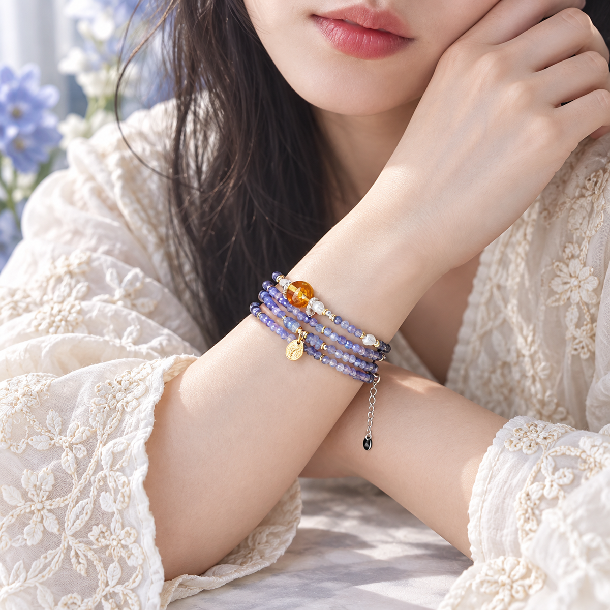 Lifestyle wrist view of the Cancer Tanzanite wrap bracelet