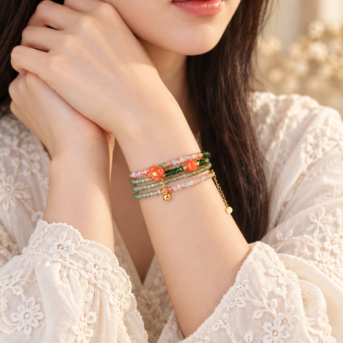 Lifestyle wrist view of the Gemini Green Apatite wrap bracelet