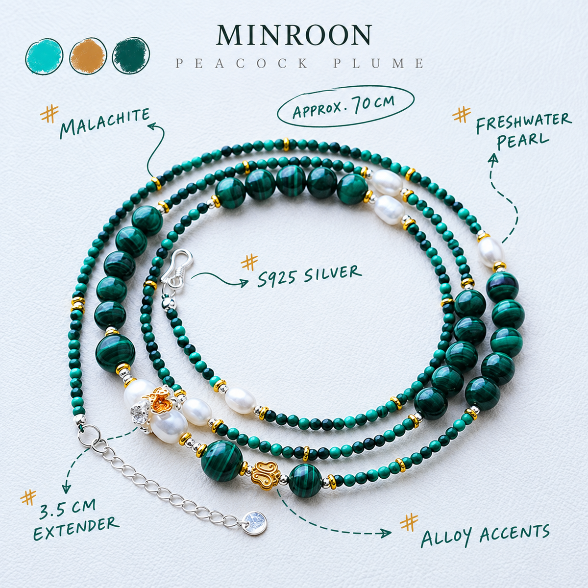 Peacock Plume malachite strand materials and 70 cm dimensions