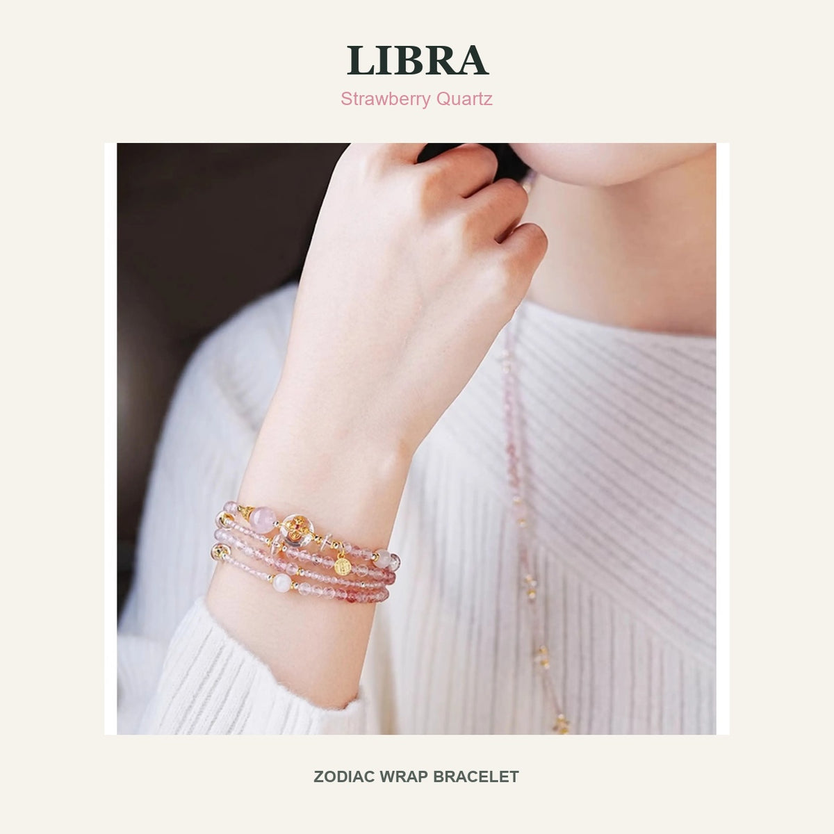 Libra Strawberry Quartz Zodiac Wrap Bracelet product display