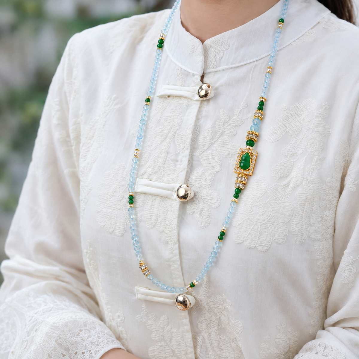 Sagittarius aquamarine convertible necklace worn by a model