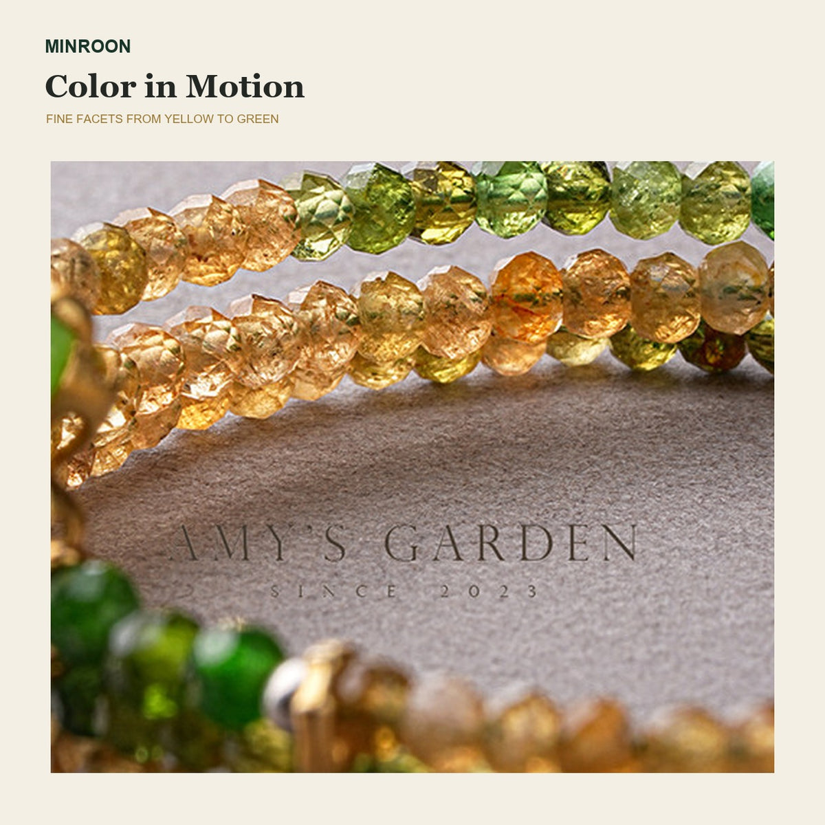 Faceted yellow-to-green tourmaline and diopside bead detail