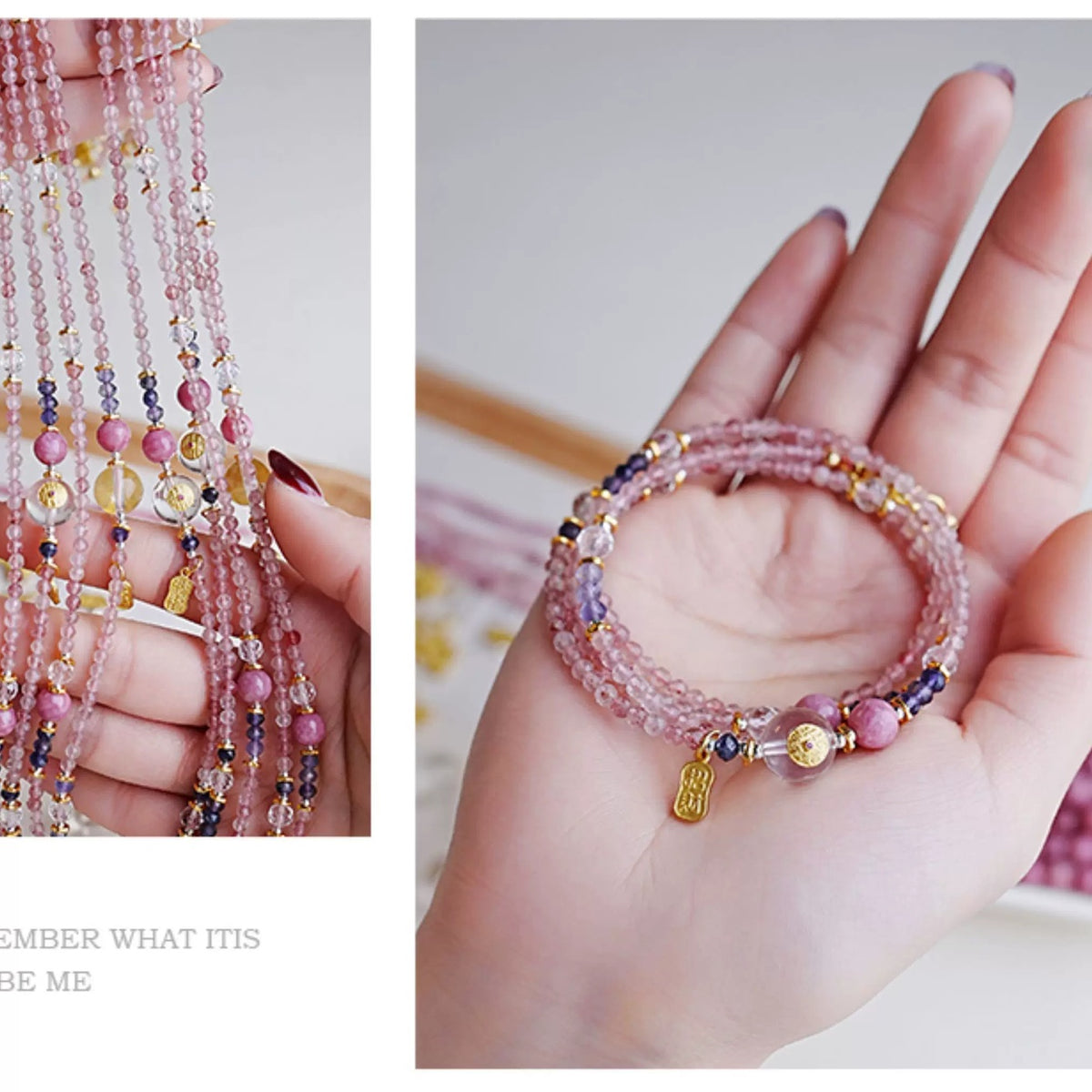 Peach Fortune multi-wrap bracelet held in hand