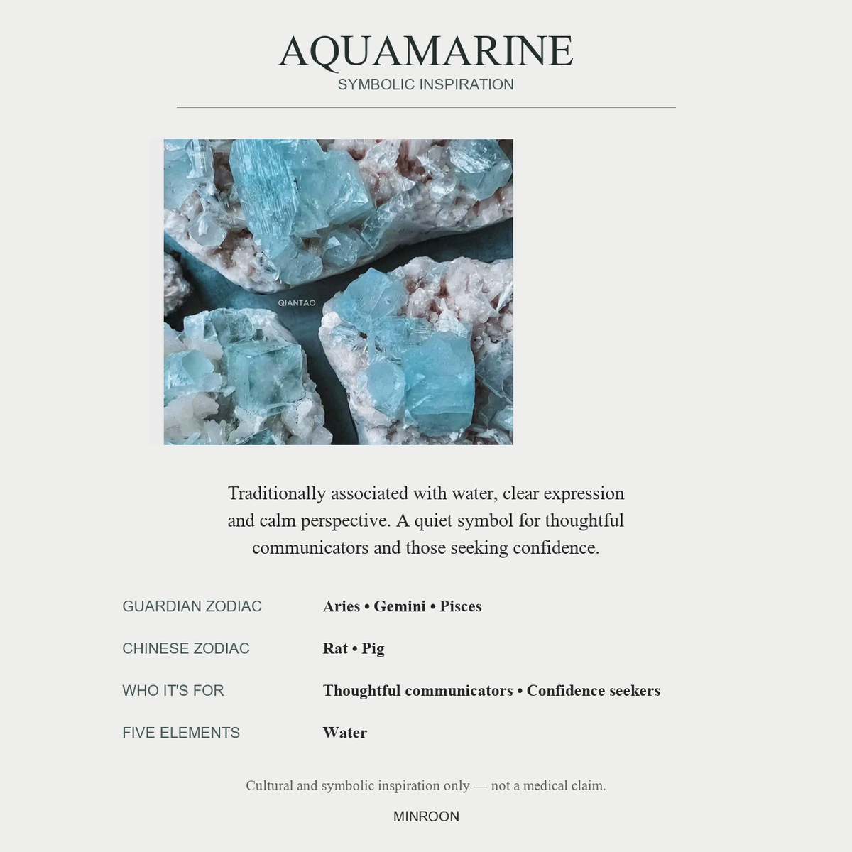 Aquamarine symbolic inspiration, zodiac and Five Elements associations in English