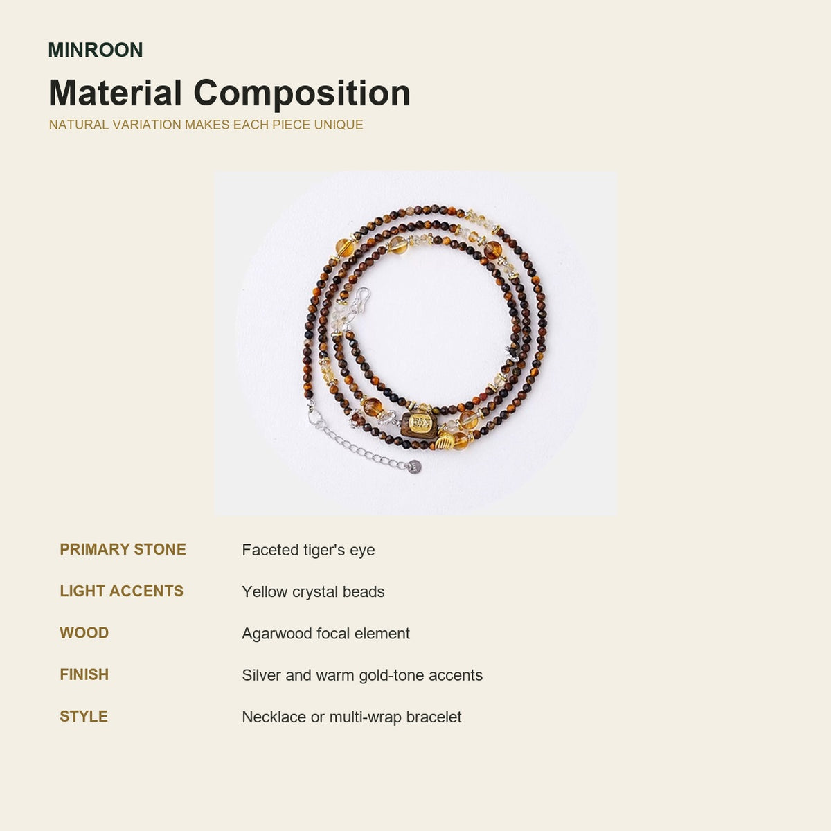 Annual Rings tiger's eye, yellow crystal and agarwood materials