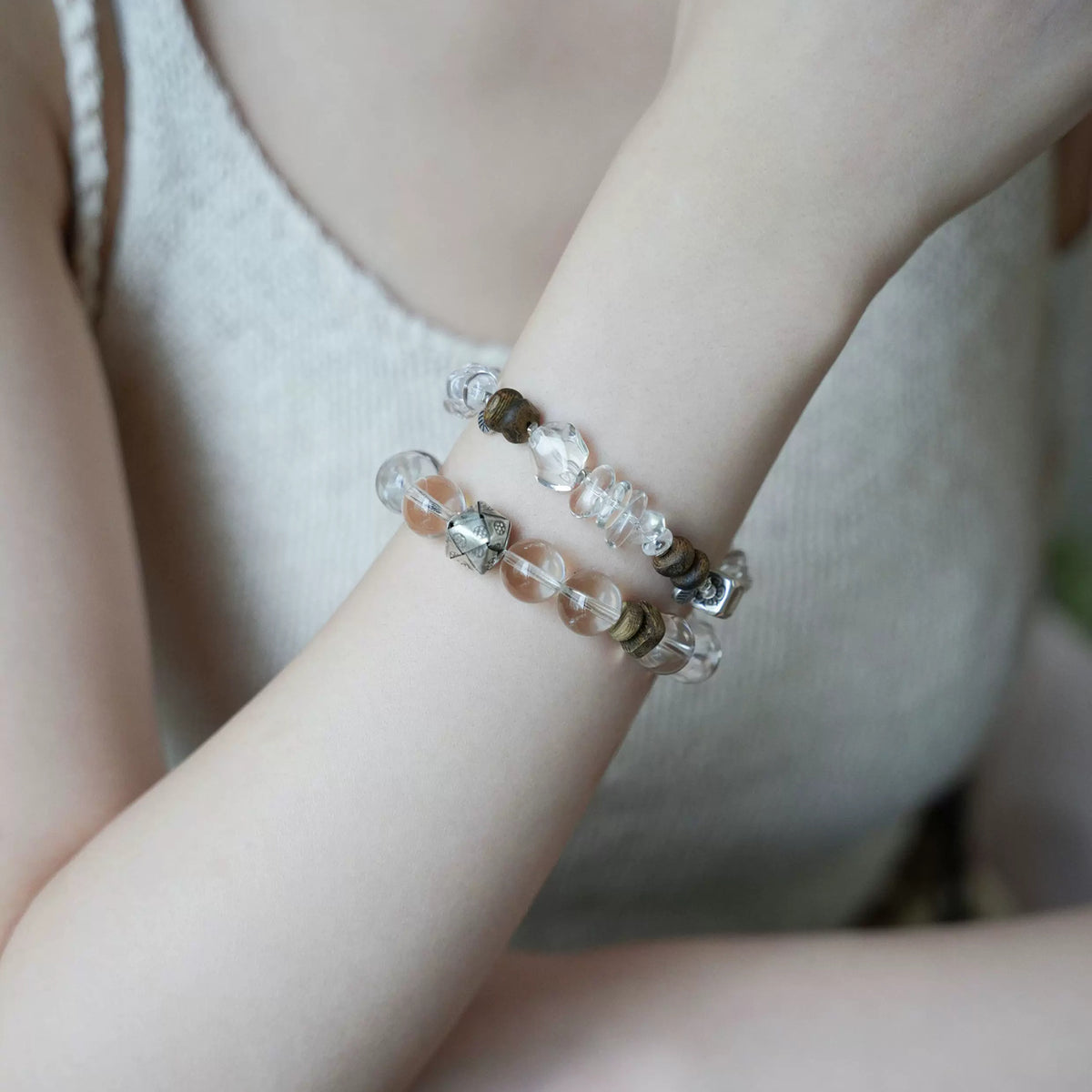 Pine silver-tone cube bracelet styled in a crystal bracelet stack