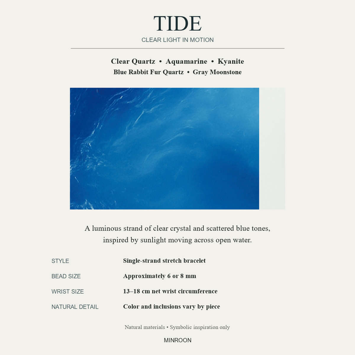 Tide bracelet materials, 6 or 8 mm bead sizes, wrist sizing and inspiration in English