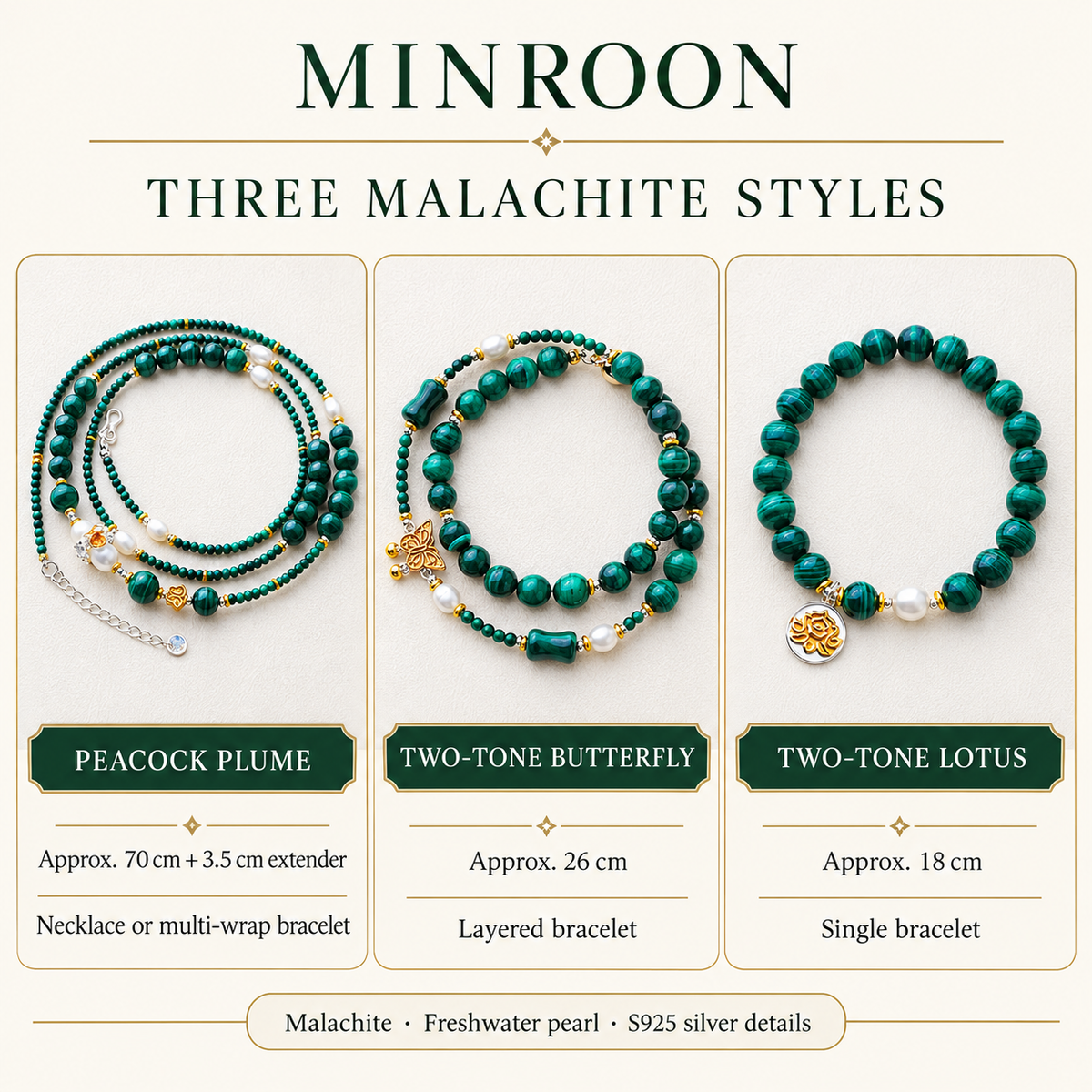 Comparison of three MINROON Malachite Garden styles and dimensions