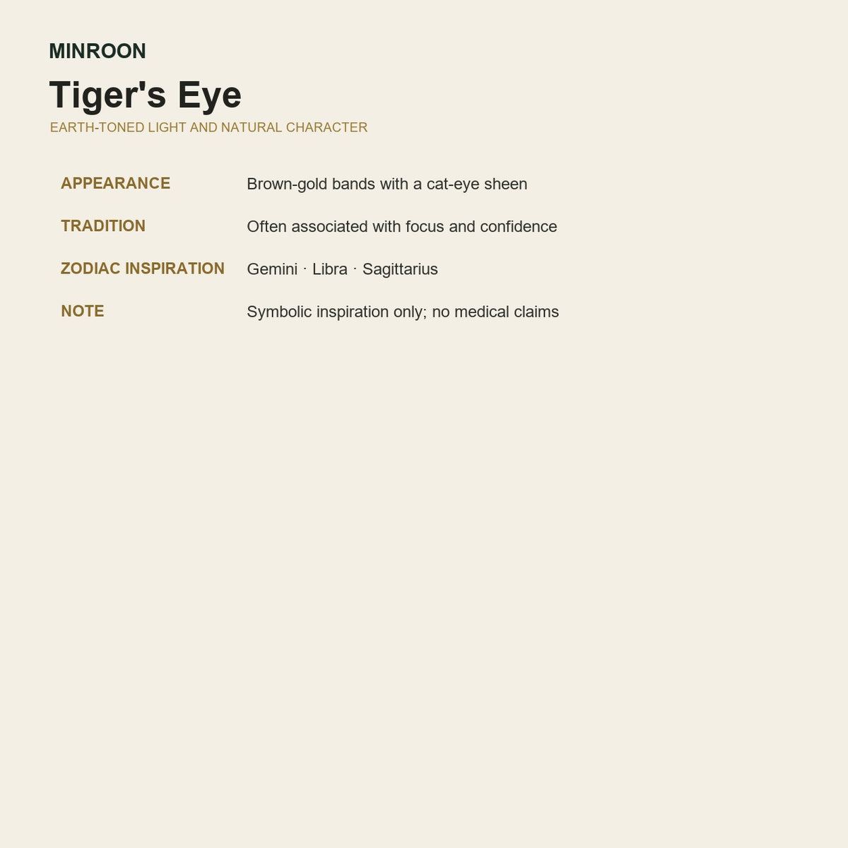 Tiger's eye appearance and traditional symbolic associations