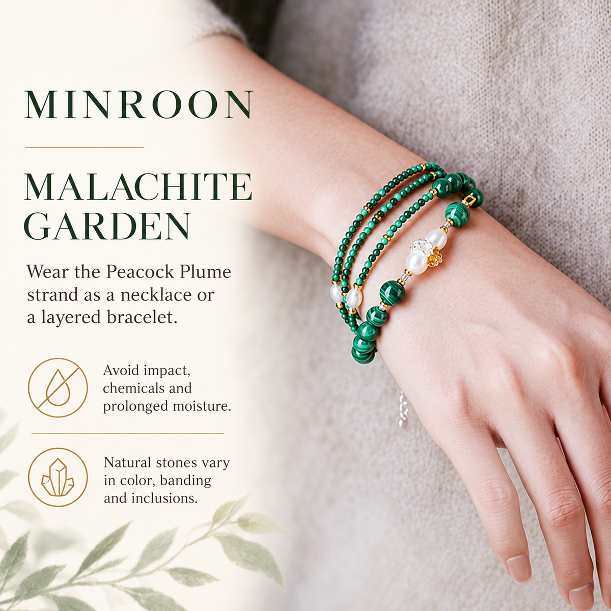 Peacock Plume malachite bracelet styling and care guide