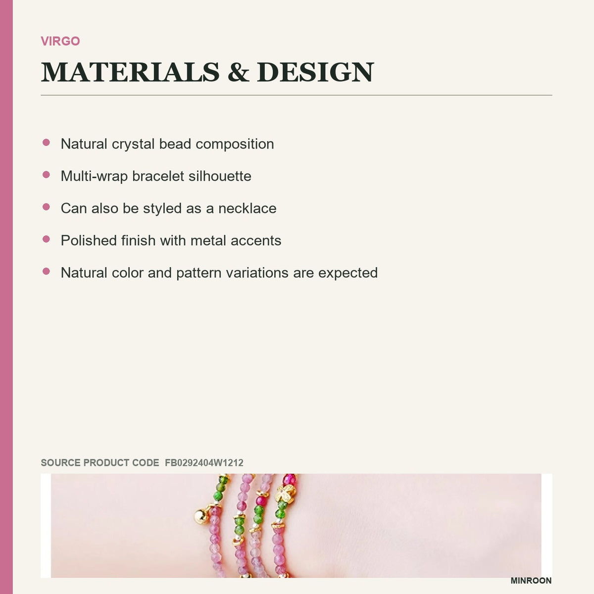 Virgo Pink Tourmaline Zodiac Wrap Bracelet materials and design details