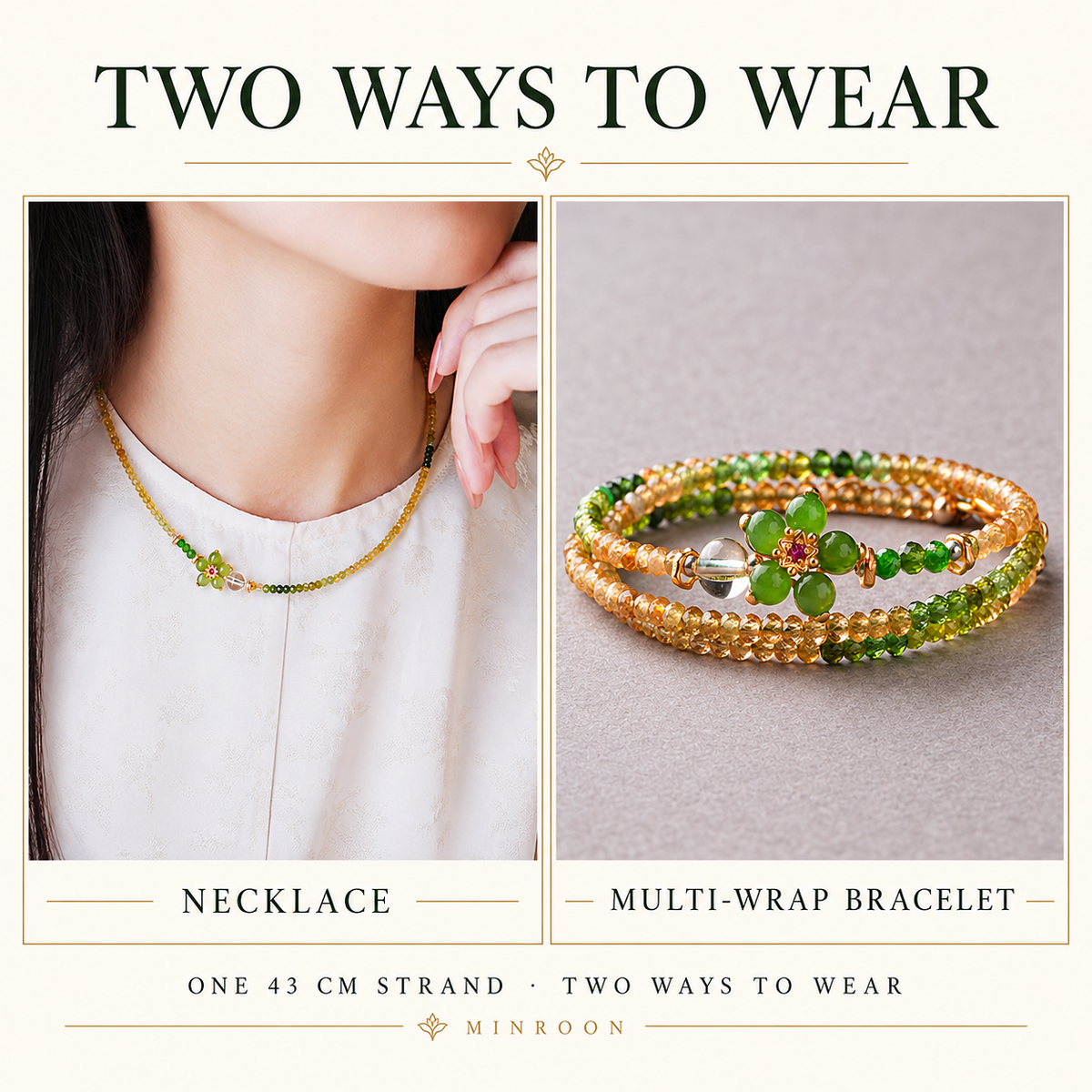 Verdant Bloom shown as a necklace and a multi-wrap bracelet