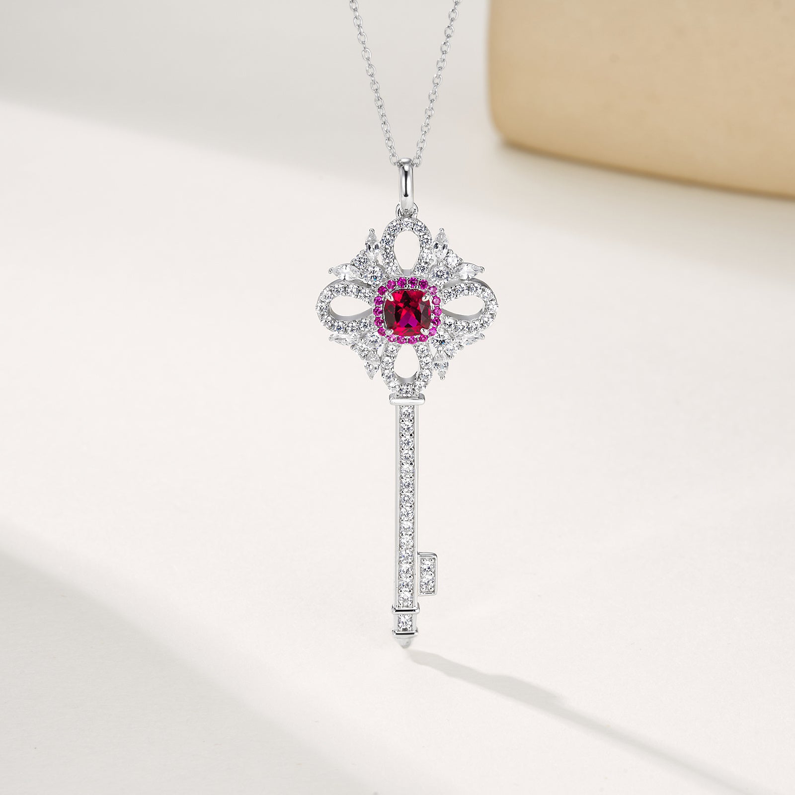 Elegant Lab-Grown Ruby S925 Silver with 18k Gold Plating Key-shaped Necklace - A Shining Choice, Exuding Noble Charm