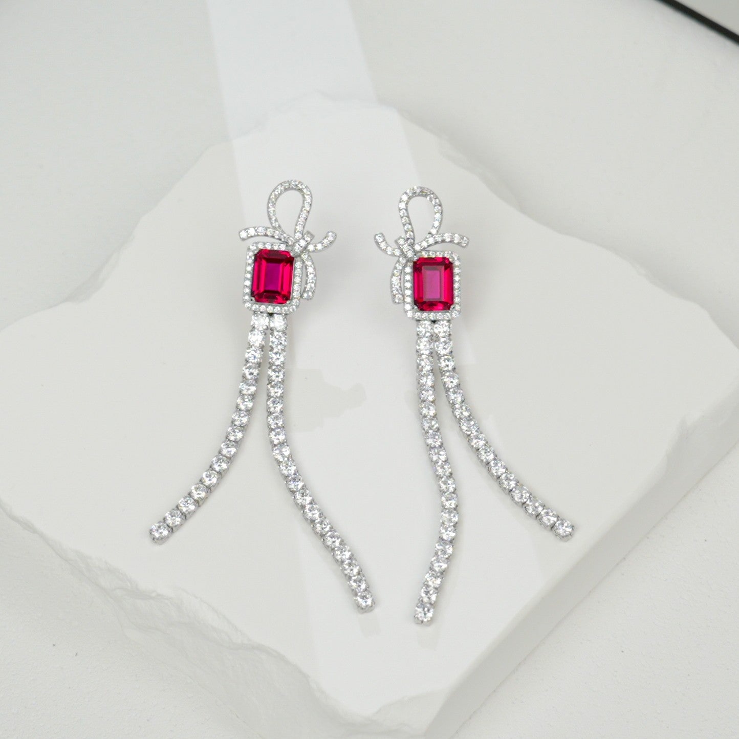 Lab - Grown Ruby Bow - Tassel Earrings | S925 Sterling Silver Plated 18K Gold, Emerald Cut with Zircon Halo Accents, Elegant Statement Jewelr