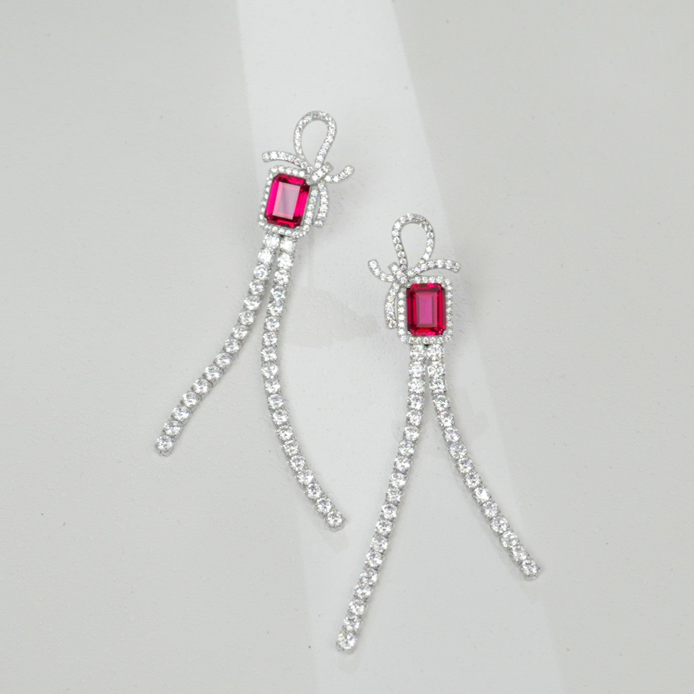 Lab - Grown Ruby Bow - Tassel Earrings | S925 Sterling Silver Plated 18K Gold, Emerald Cut with Zircon Halo Accents, Elegant Statement Jewelr