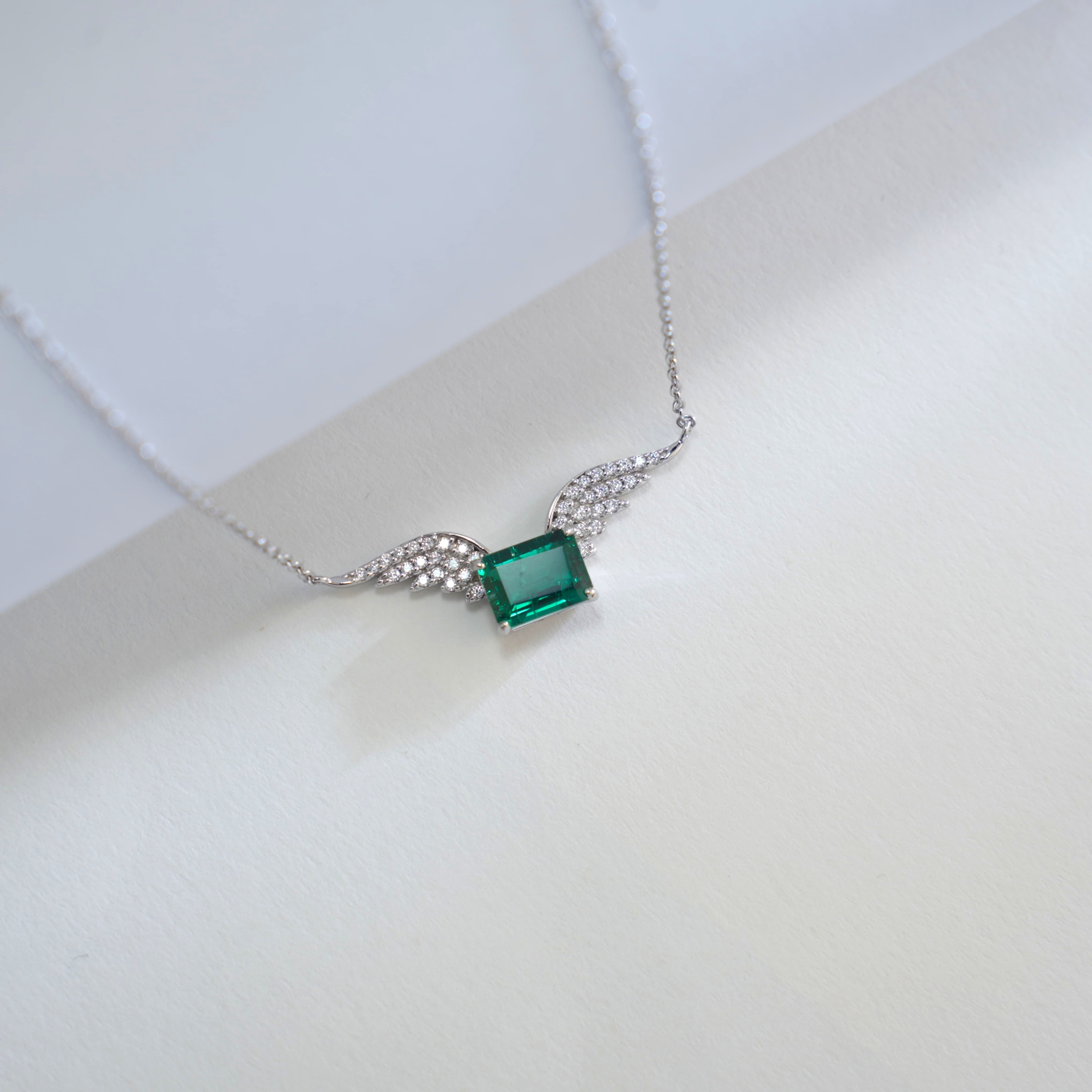 Dreamy Angel Wings! Lab-Grown Emerald with S925 Silver Plated 18K Gold Necklace, Shine Your Charm