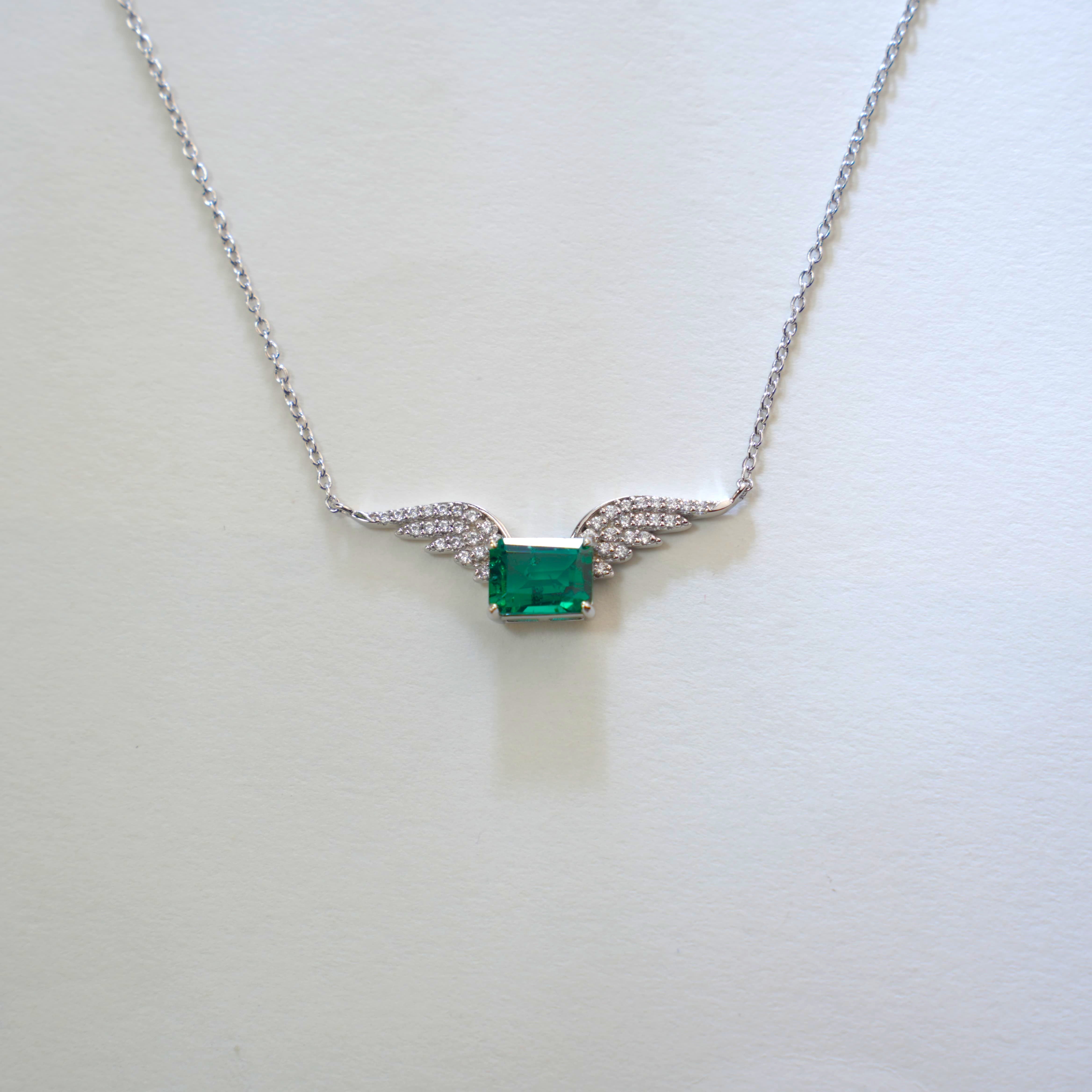 Dreamy Angel Wings! Lab-Grown Emerald with S925 Silver Plated 18K Gold Necklace, Shine Your Charm