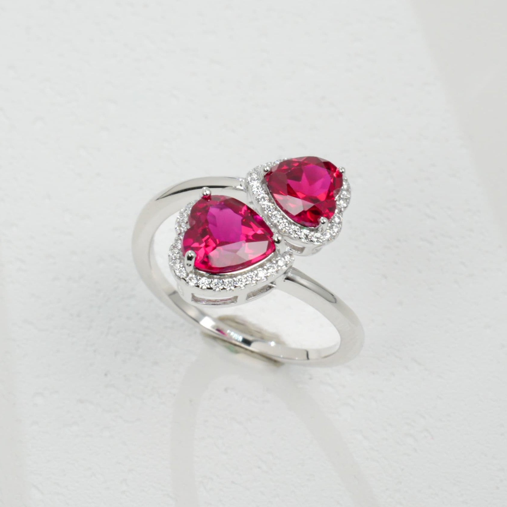 Lab-Grown Ruby Double Heart Ring | S925 Sterling Silver Plated 18K Gold, Halo Zircon Accents, Romantic Gemstone Jewelry