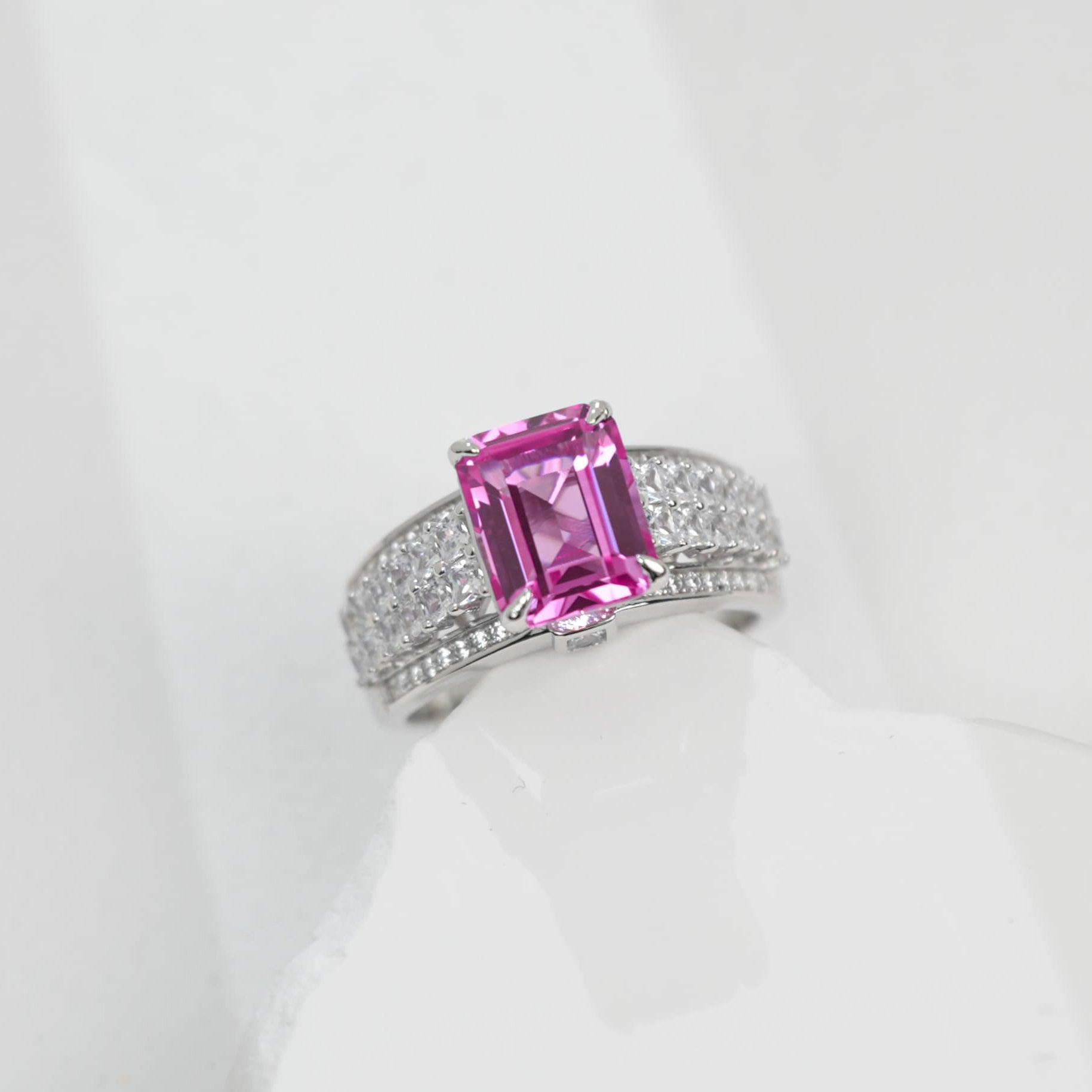 Lab-Grown Padparadscha Sapphire Ring | S925 Sterling Silver Plated 18K Gold, Emerald Cut with Halo Zircon Accents, Luxury Gemstone Jewelry