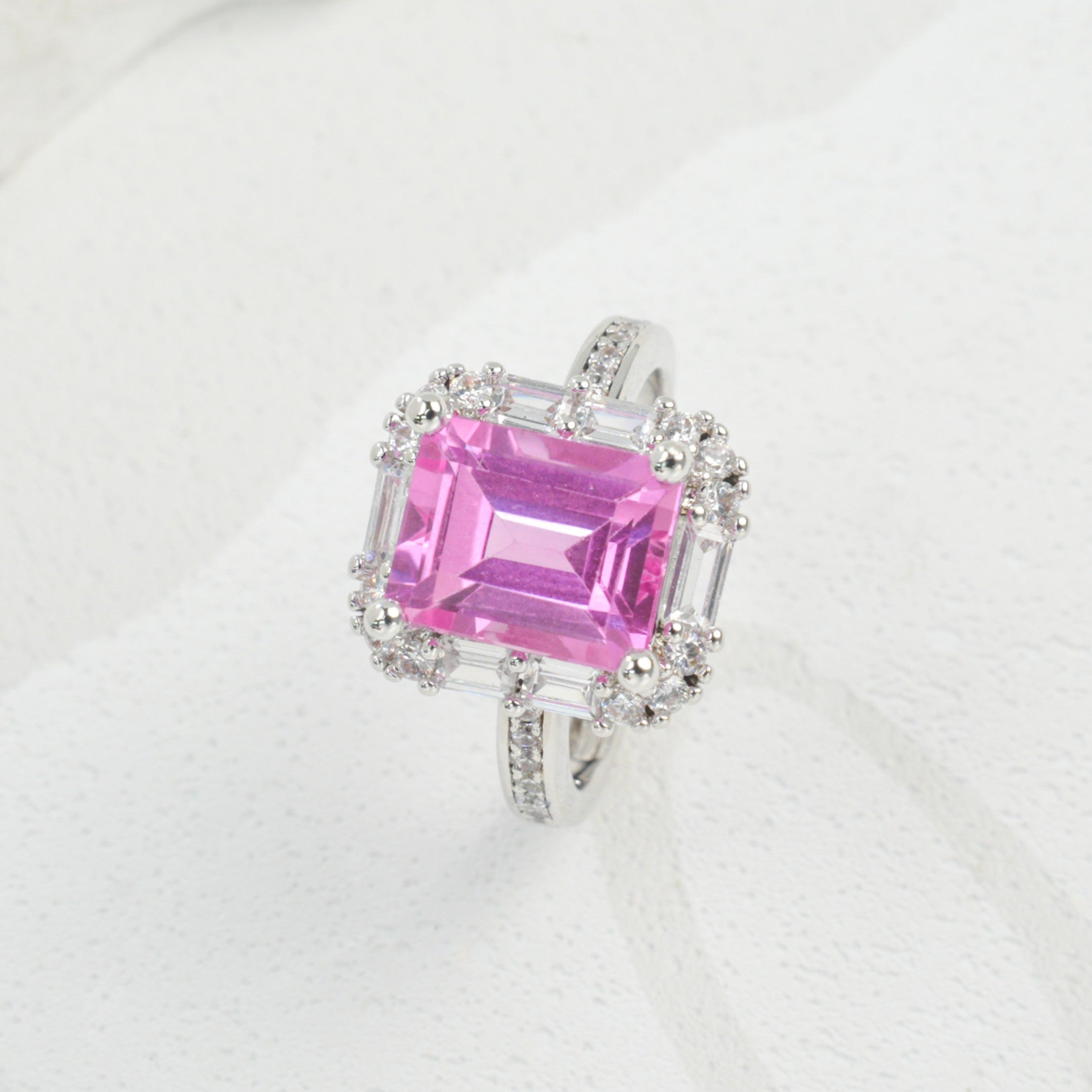 Lab-Grown Padparadscha - Square Crimson Diamond Cluster Streaming Light Ring