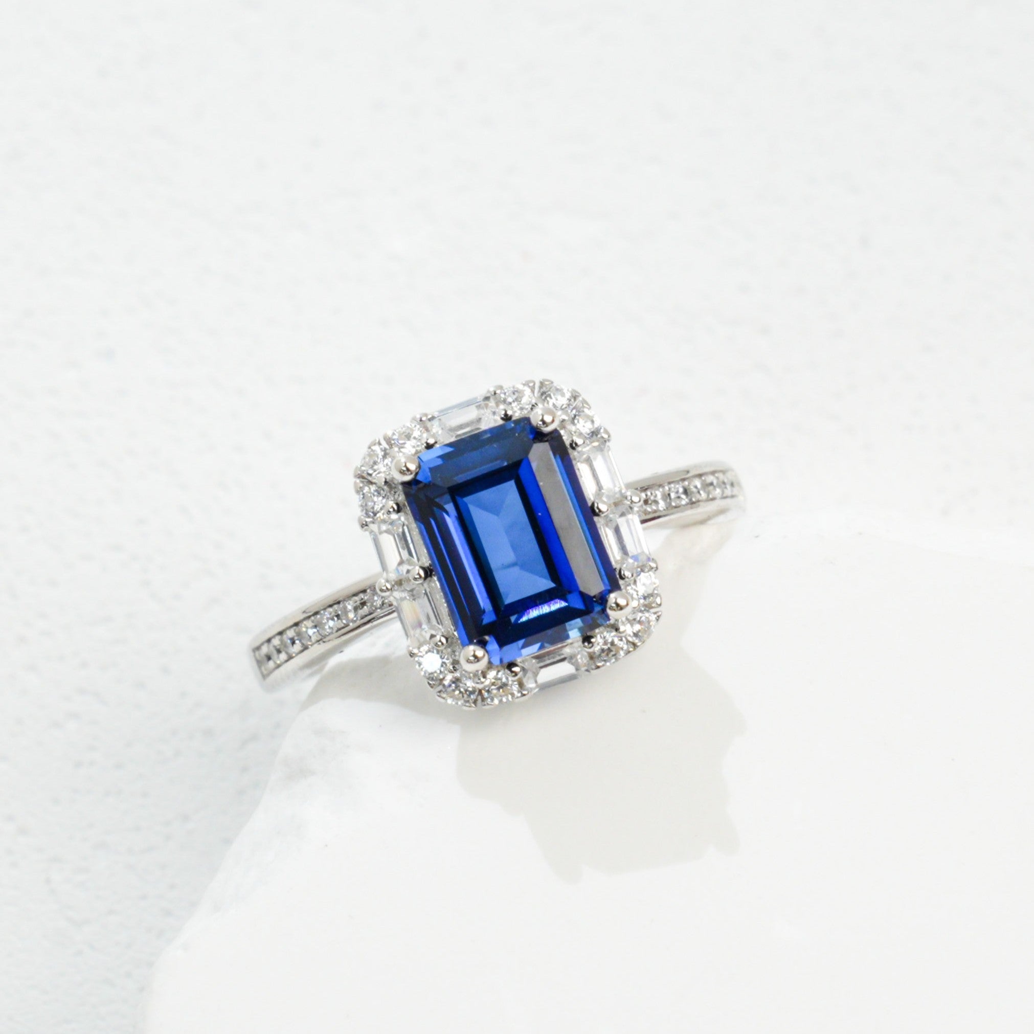 Lab-Grown Sapphire Ring | S925 Sterling Silver Plated 18K Gold, Emerald Cut Halo Design with Zircon Accents, Luxury Gemstone Jewelry for Women