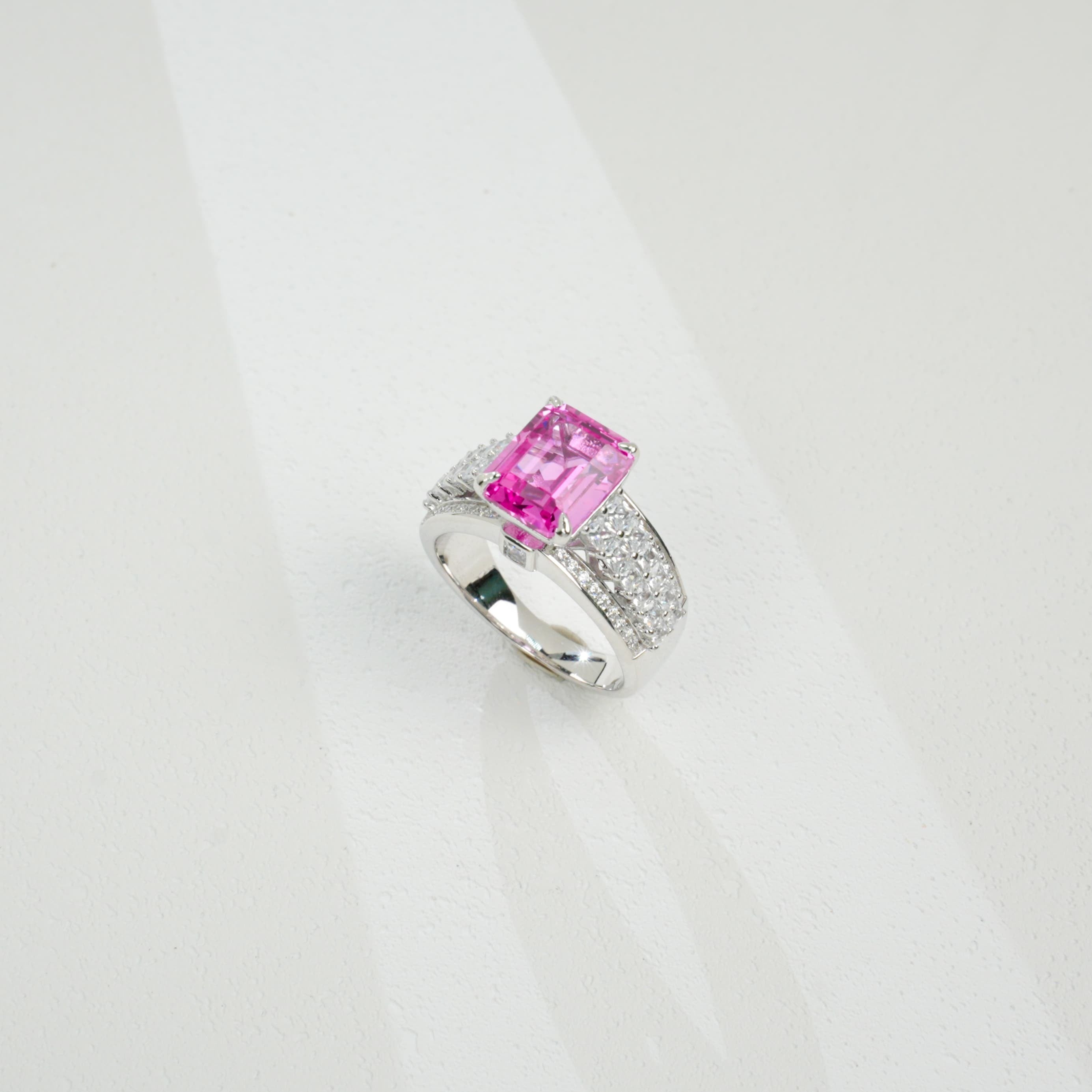 Lab-Grown Padparadscha Sapphire Ring | S925 Sterling Silver Plated 18K Gold, Emerald Cut with Halo Zircon Accents, Luxury Gemstone Jewelry