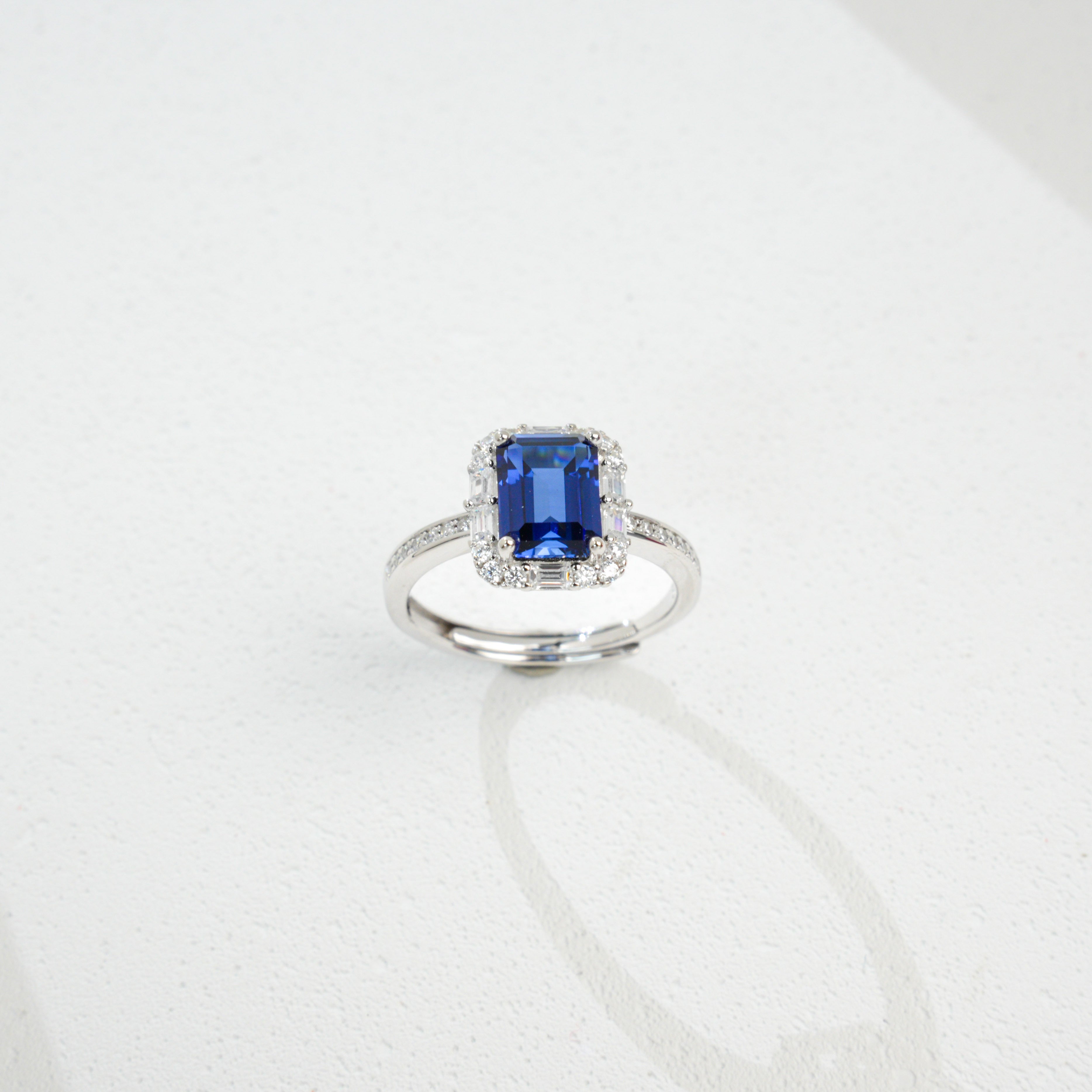 Lab-Grown Sapphire Ring | S925 Sterling Silver Plated 18K Gold, Emerald Cut Halo Design with Zircon Accents, Luxury Gemstone Jewelry for Women