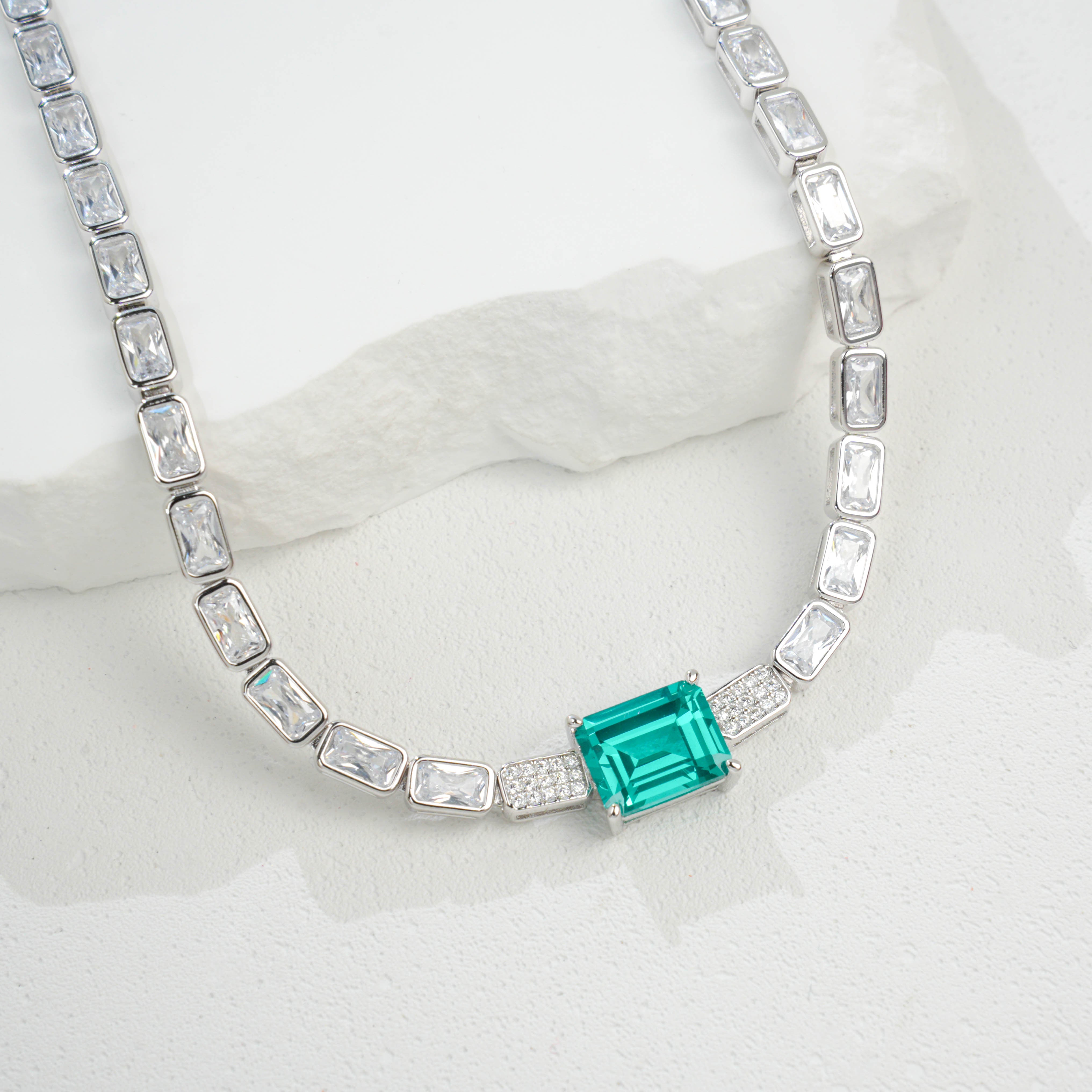 Lab-Grown Paraiba Color YAG Necklace | S925 Sterling Silver Plated 18K Gold, Emerald Cut Center Stone with Zircon Accents, Luxury Tennis Chain Jewelry for Women