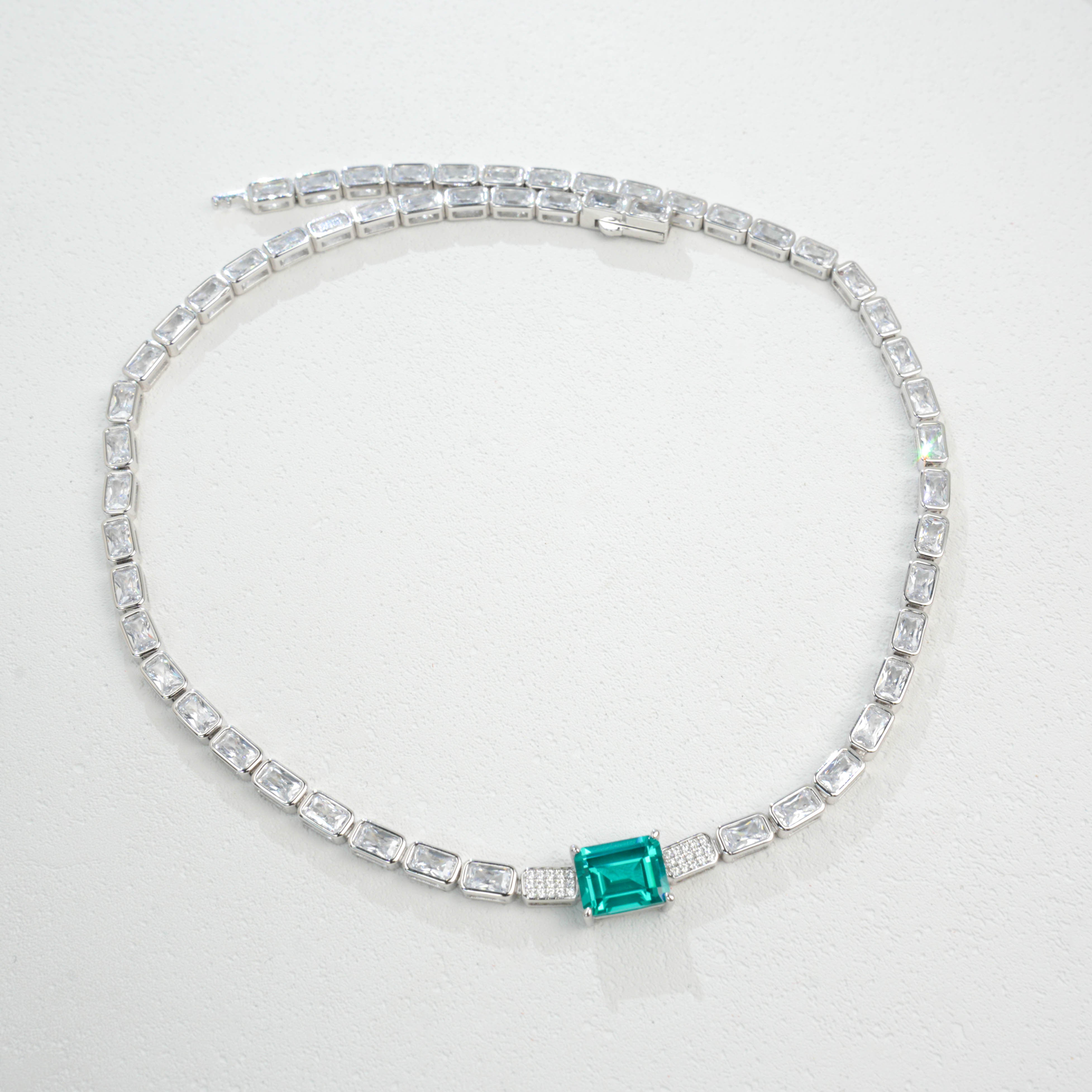Lab-Grown Paraiba Color YAG Necklace | S925 Sterling Silver Plated 18K Gold, Emerald Cut Center Stone with Zircon Accents, Luxury Tennis Chain Jewelry for Women