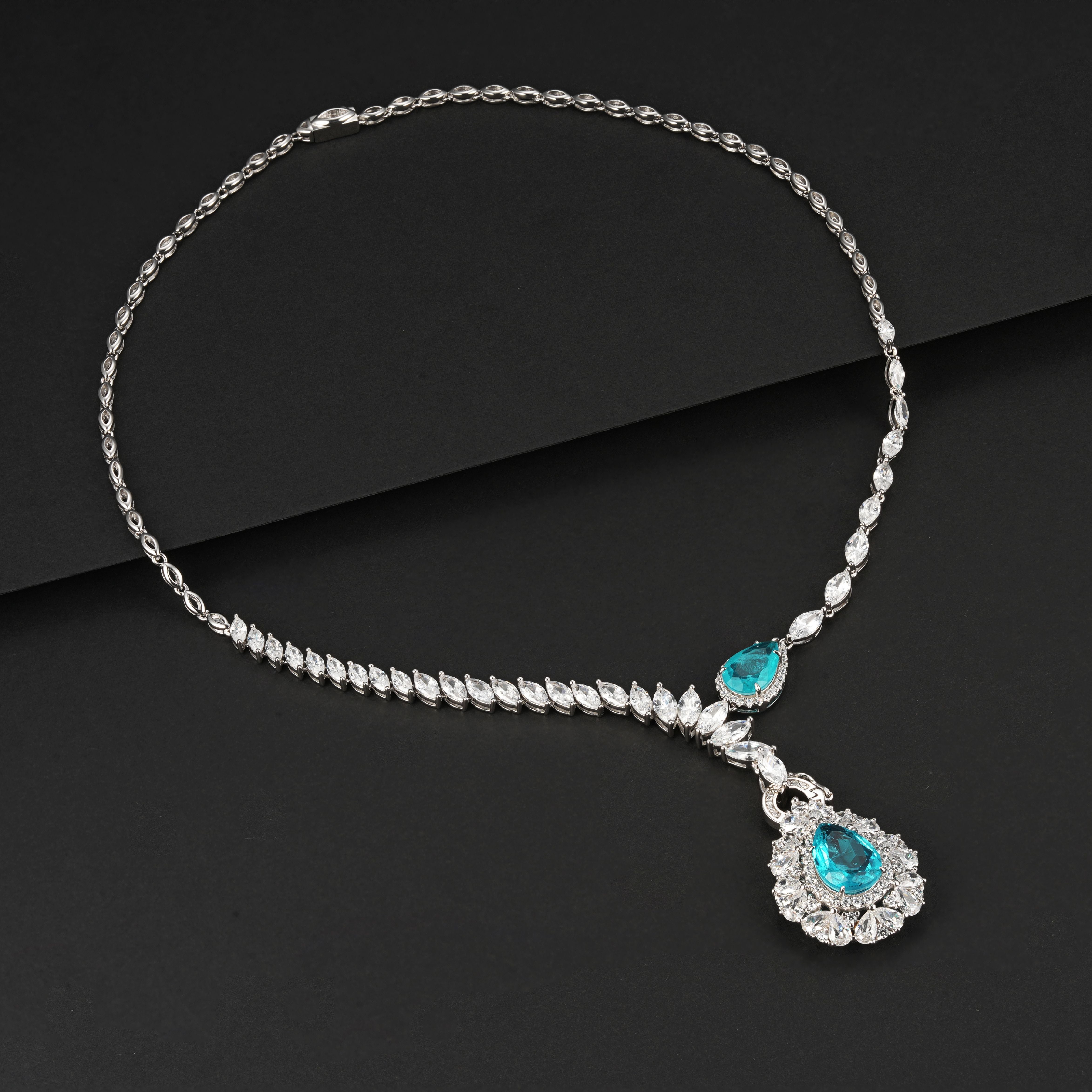 Lab-Grown Paraiba Color YAG Pendant Necklace | S925 Sterling Silver Plated 18K Gold, Teardrop Gemstone with Zircon Accents, Luxury Statement Jewelry for Women