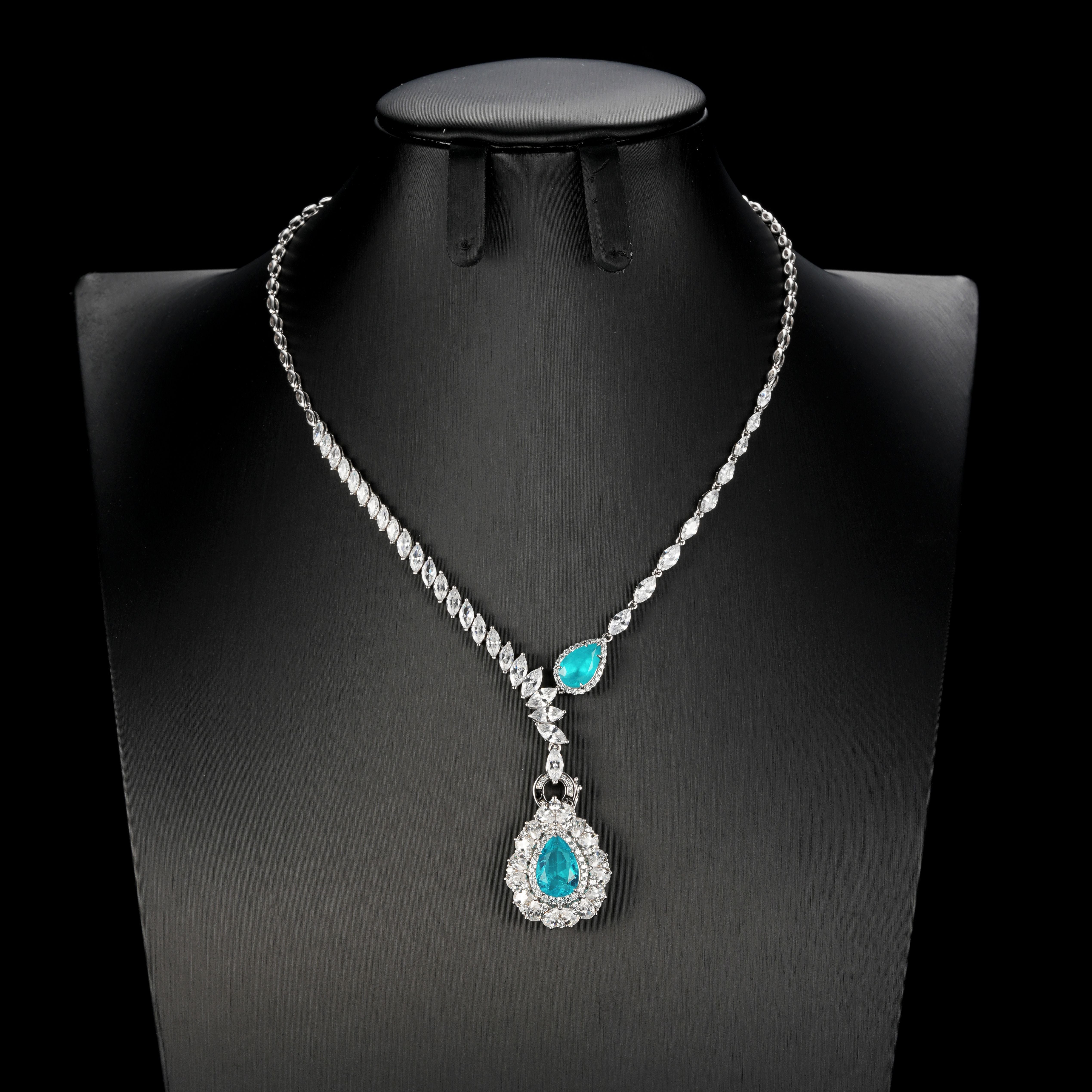 Lab-Grown Paraiba Color YAG Pendant Necklace | S925 Sterling Silver Plated 18K Gold, Teardrop Gemstone with Zircon Accents, Luxury Statement Jewelry for Women