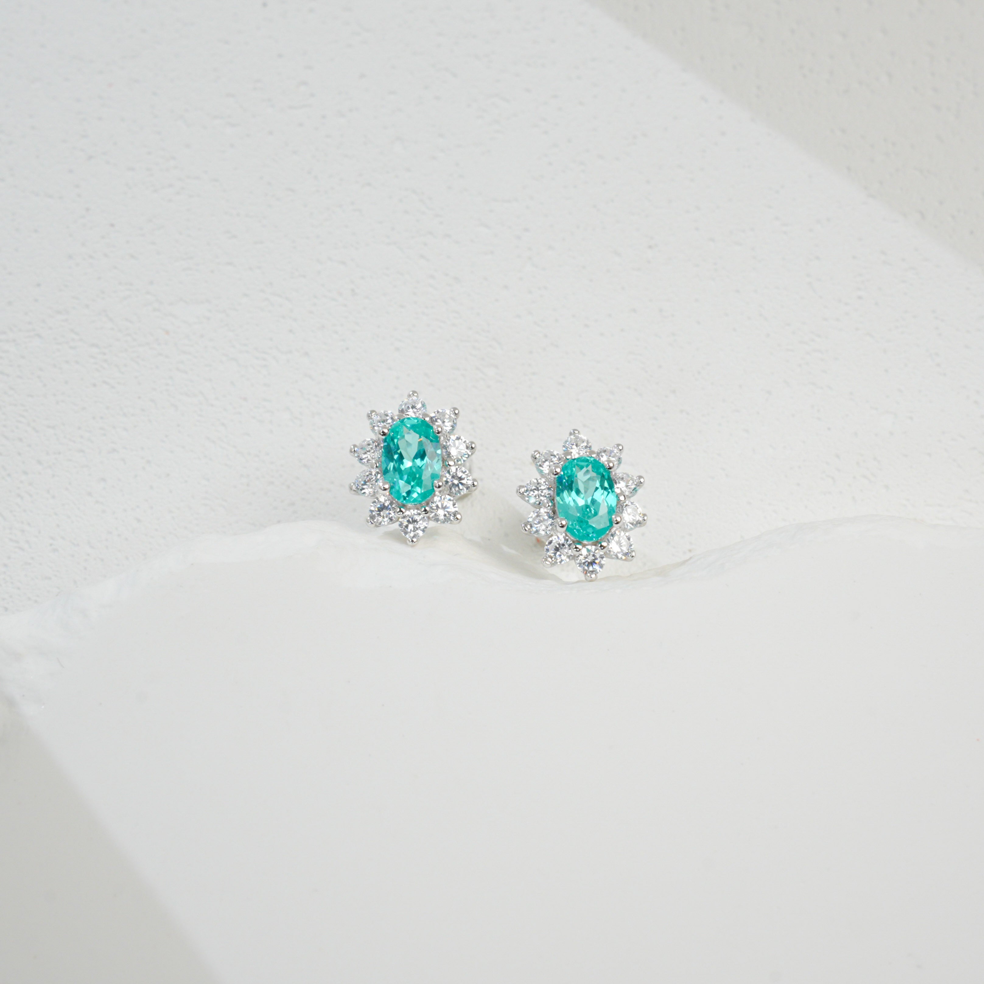 Lab-Grown Paraiba Color YAG Stud Earrings | S925 Sterling Silver Plated 18K Gold, Oval Cut Halo Zircon Accents, Luxury Gemstone Jewelry for Women